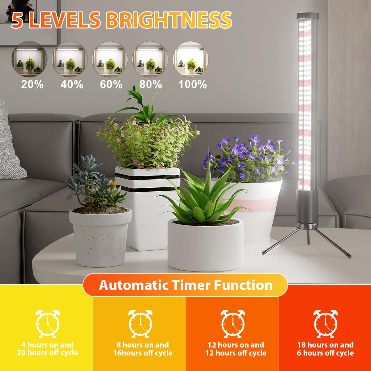 Awlylnll Grow Lights For Indoor Plant, T10 Vertical Standing Led Growing Plant Lamp, 5-Level Dimmable, Auto On Off Timing 4/8/12/18Hrs, Height 18.9''