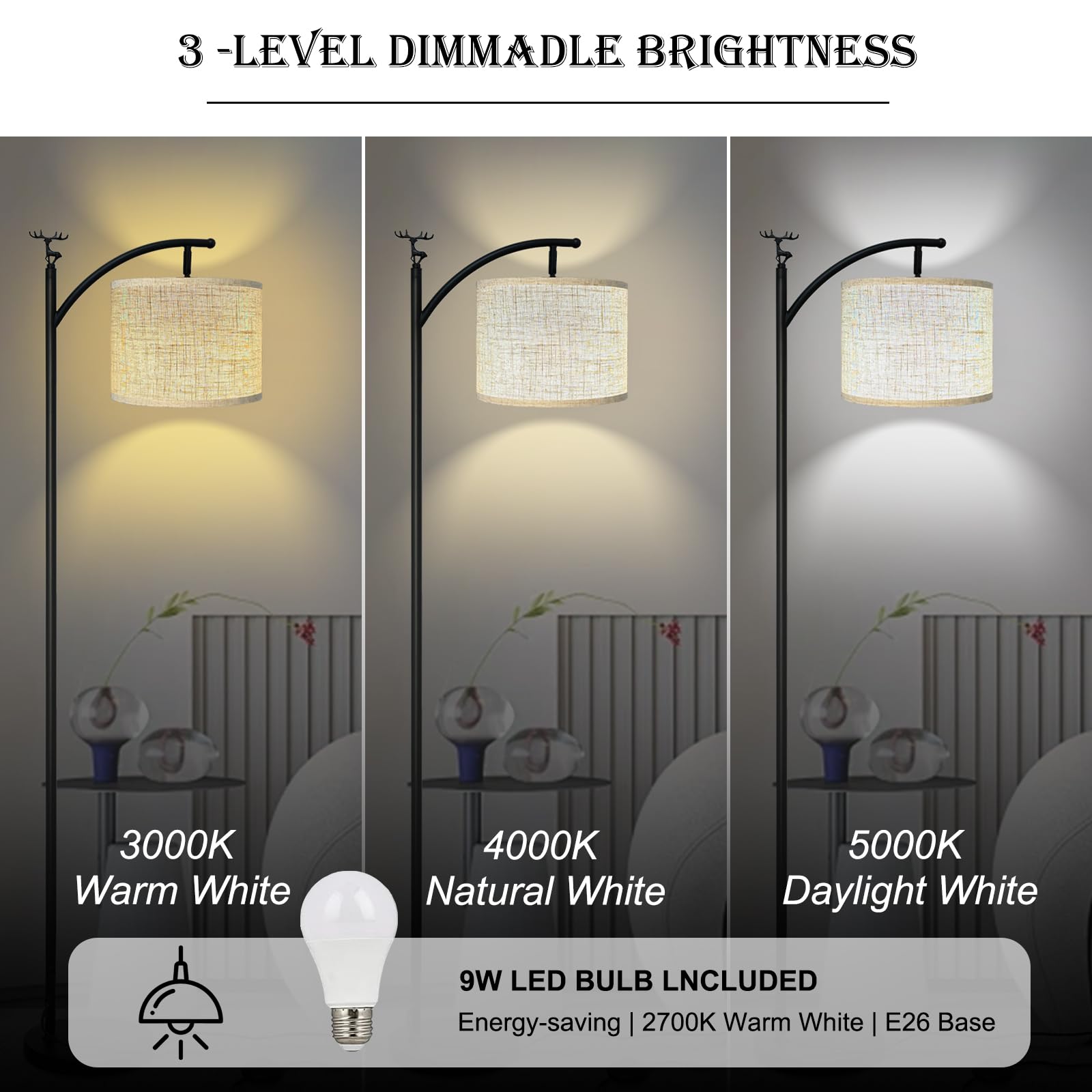 UBBETTER Floor Lamp, Modern Standing Lamp with 3 Color Temperatures, Metal Base, Model FA-001, High Linen Lampshade