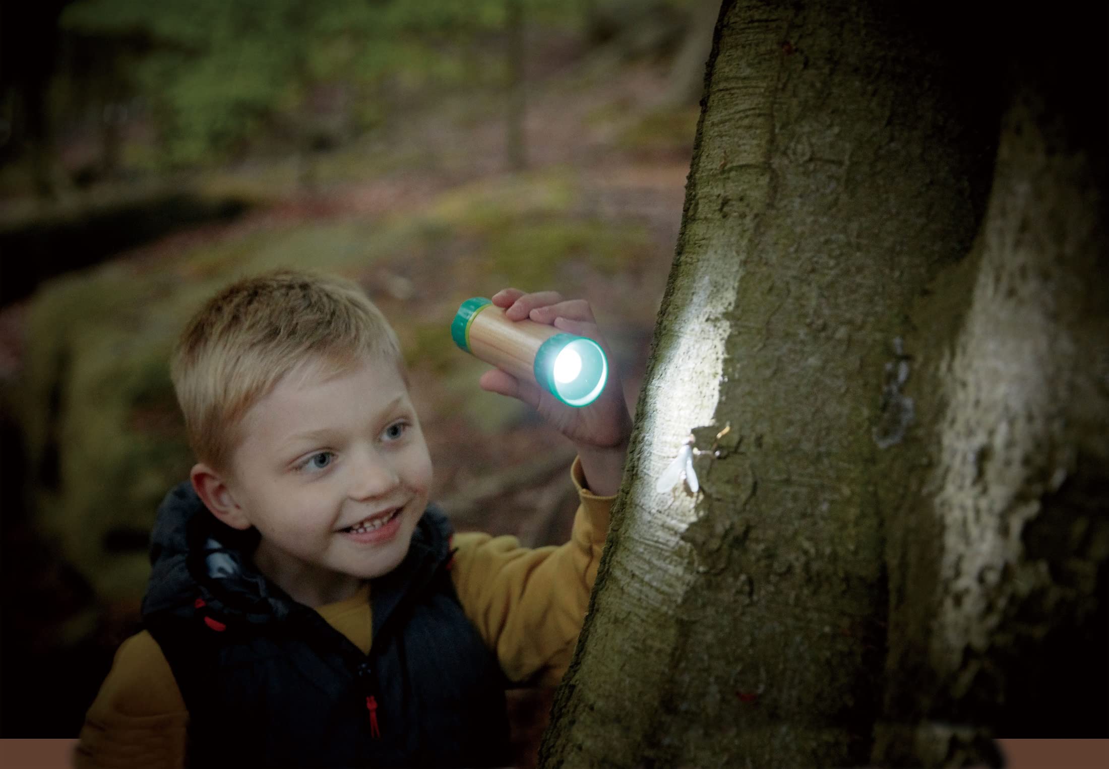 Hape Hand-Powered Flashlight With Case, Made From Bamboo, Nature Fun, Outdoor Toys