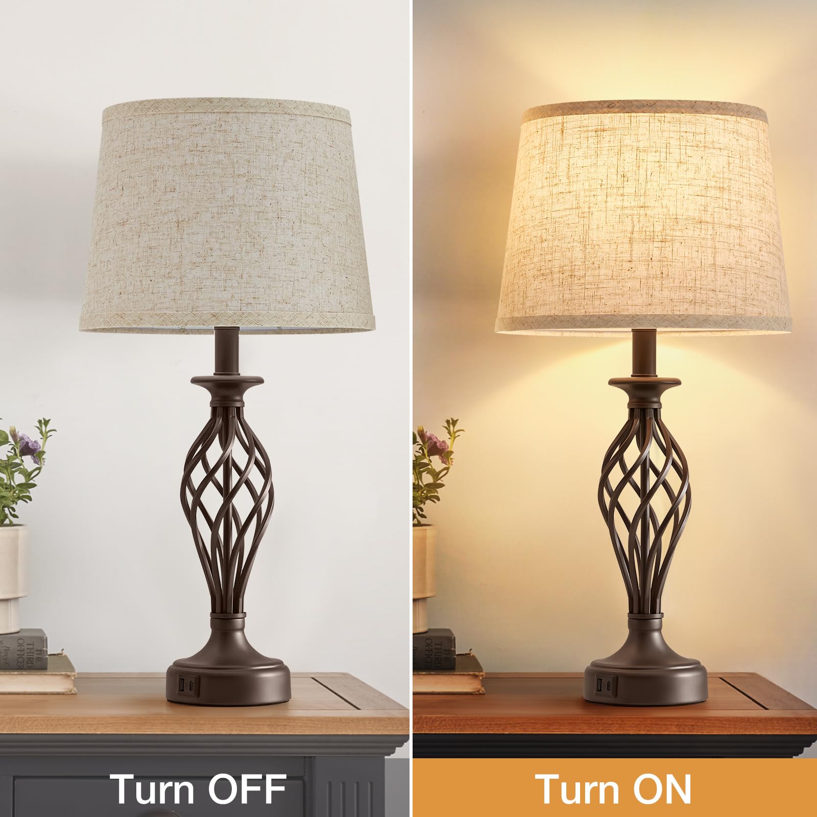 Table Lamp For Bedroom Set Of 2 With Usb C+A Ports - Modern Brown Bedside Lamps With Spiral Cage Base Fabric Shade - Nightstand