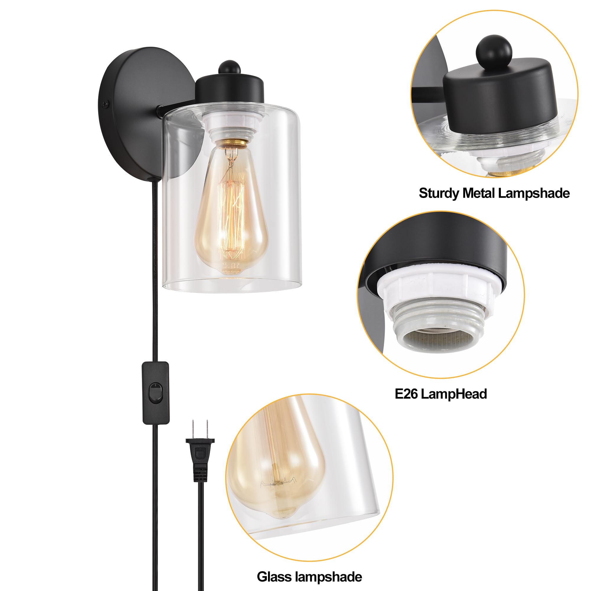 KENMI Metal Wall Sconces, 2 Pack Matte Black Bathroom Lighting, Clear Glass Shade, Model W12W