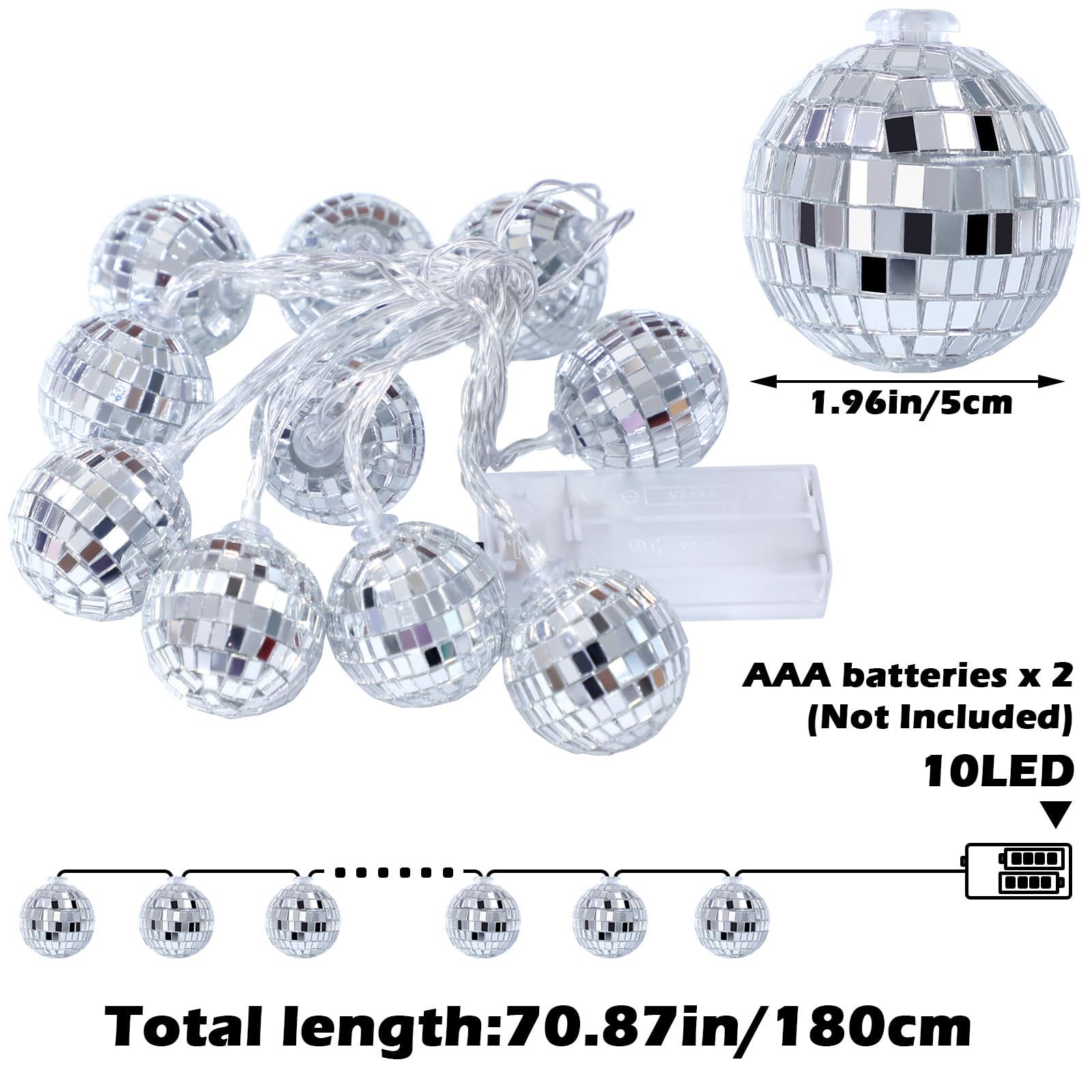BBTO LED Disco Ball String Lights, 10 Pcs, 2 Inch, Battery Powered, Silver, Model BBTO-Decorations-2674, 70s 80s 90s