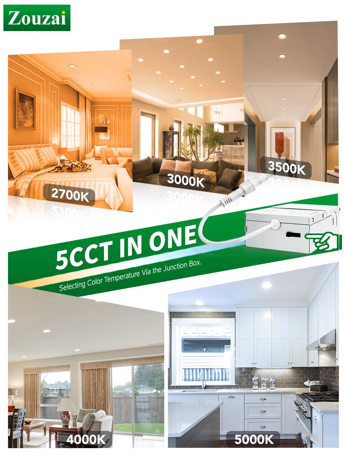 Zouzai 1 Pack 6 Inch 5Cct Ultra-Thin Led Recessed Ceiling Light With Junction Box, 2700K/3000K/3500K/4000K/5000K Selectable, 12W