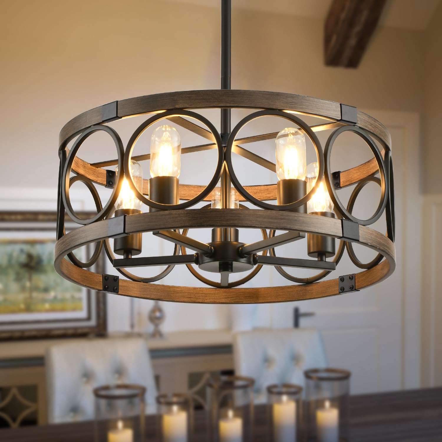 Shiandar Flush Mount Ceiling Light Fixture Ceiling Mount,5 Light Black Farmhouse Chandelier 19.7" Rustic Farmhouse Chandelier Modern Pendant Light Fixtures For Kitchen Lighting Fixture