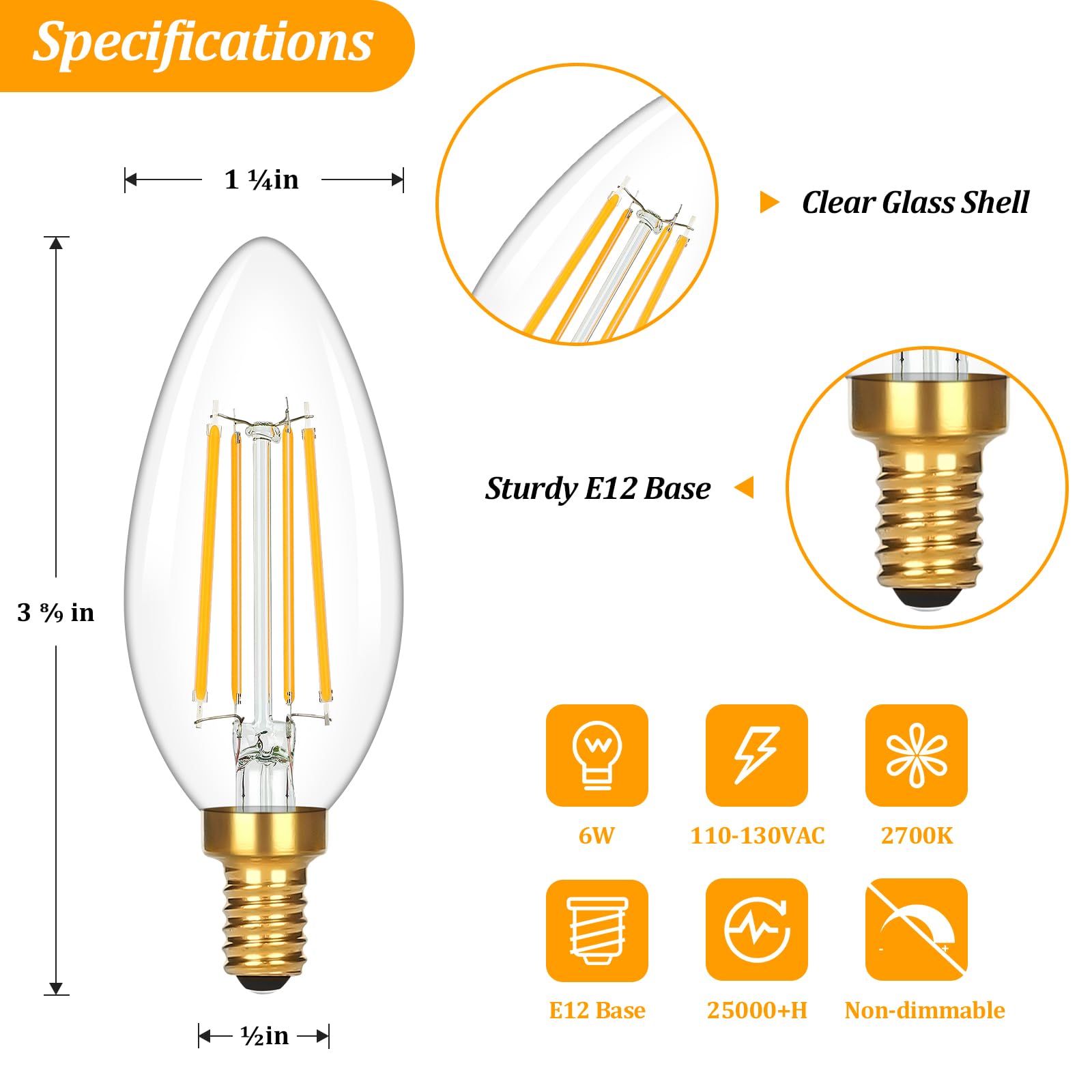 Brightever E12 Candelabra Led Light Bulbs 60W Equivalent, 2700K Soft White, 620Lumens 6W Led Chandelier Bulb, B11 Filament Clear Candle Light Bulbs Non-Dimmable, Pack Of 12 Small Base Bulbs
