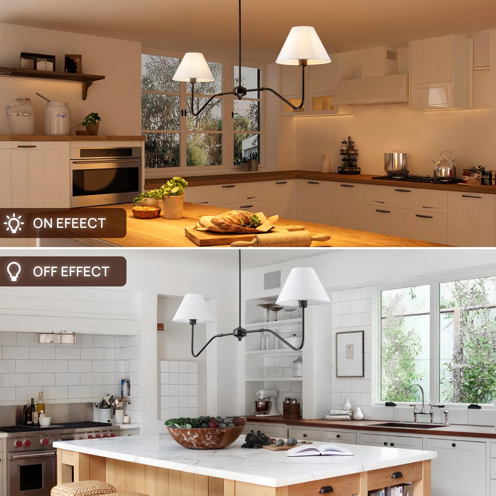 Jsdorsy 2-Light Modern Linear Chandelier For Dining Room  55 Inch Farmhouse Kitchen Island Lighting With White Fabric Shades  Hanging Lighting Fixtures For Living Room Bedroom