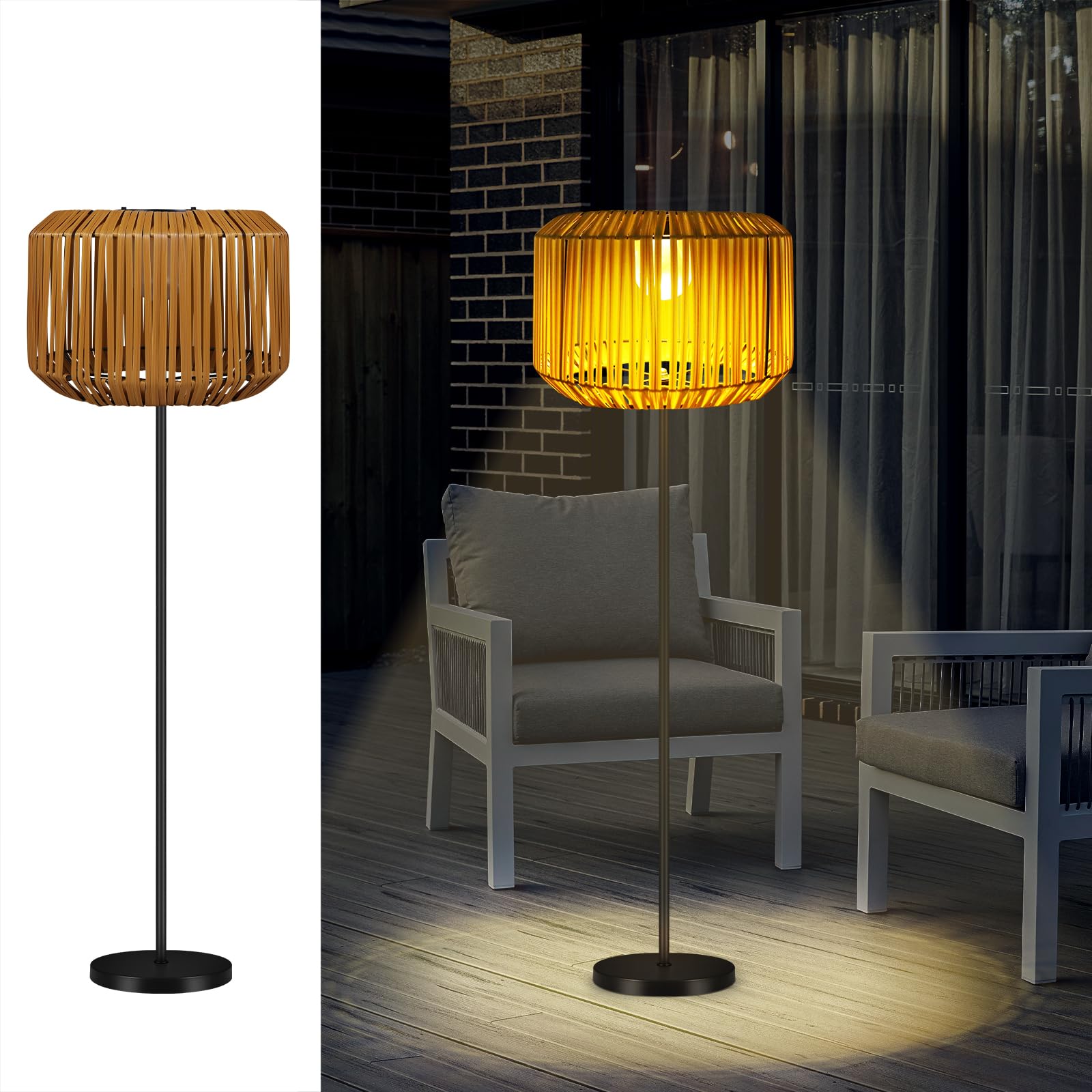 shumi Solar Outdoor Floor Lamp, Waterproof Rattan Design for Patio, Brown, Model HST1223