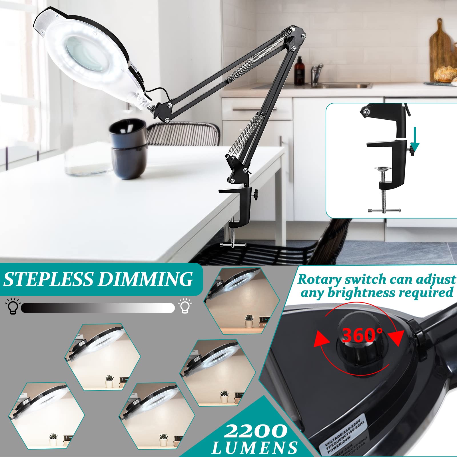 NUEYiO 10X Magnifying Glass Lamp with Light, 4.2" Real Glass Lens, Adjustable Swing Arm, Black, Model NU-JDK-H