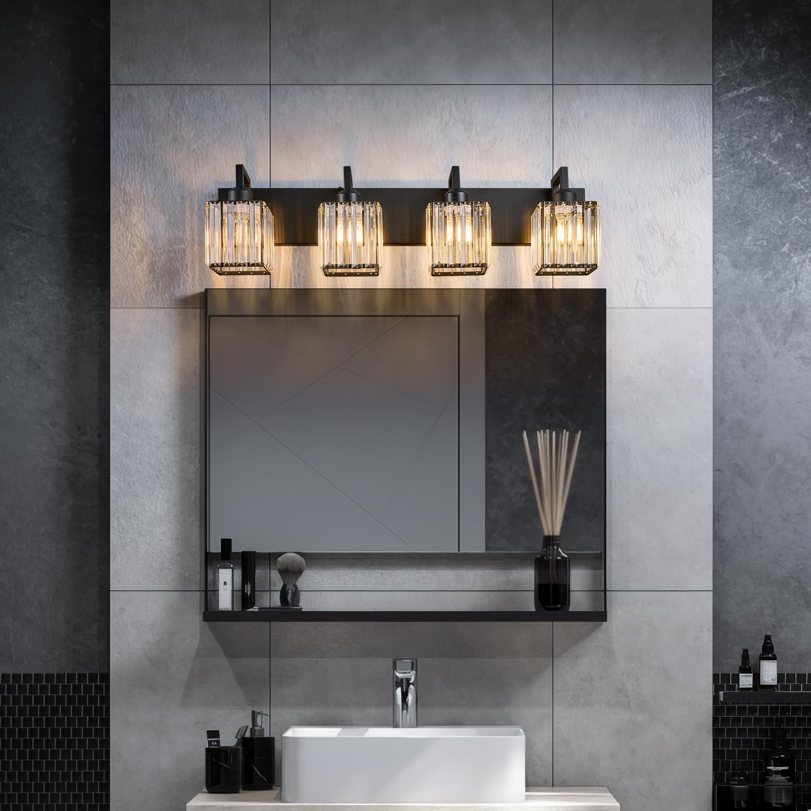 FDPBY Modern Crystal Bathroom Vanity Light 4-Lights Black Metal JW-003
