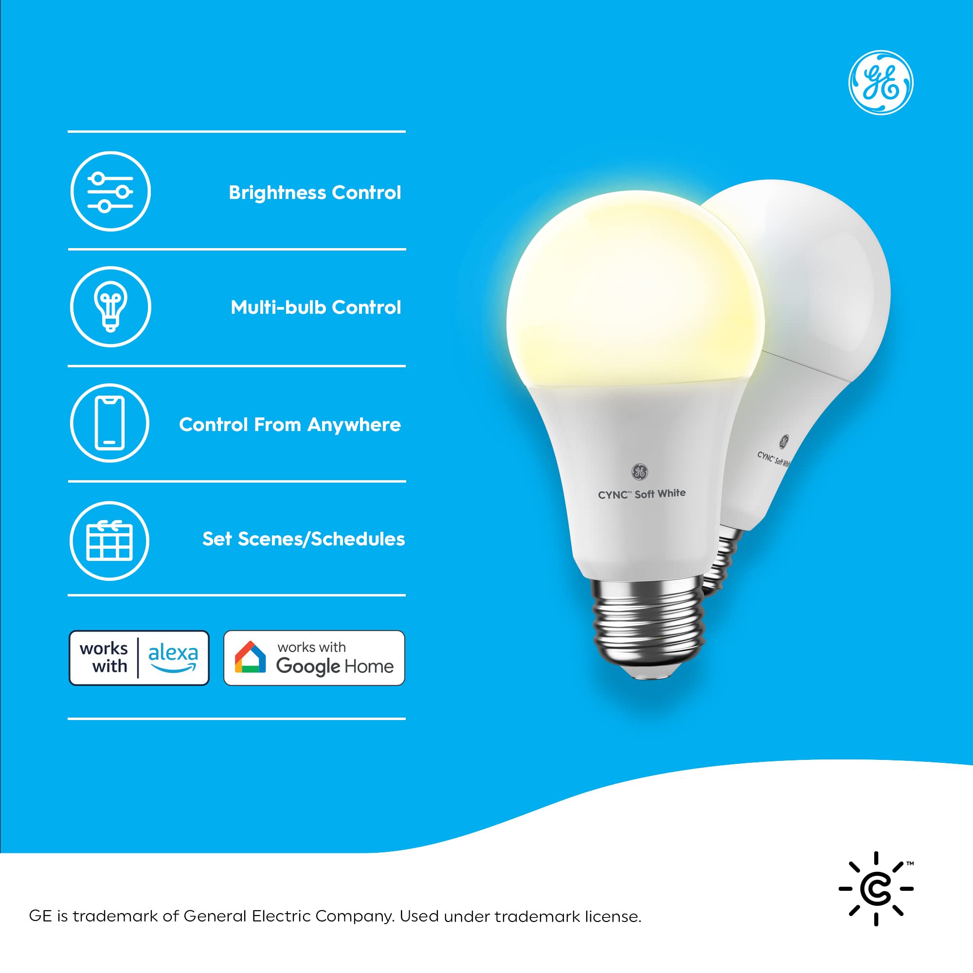 Ge Cync A19 Smart Led Light Bulbs, Soft White, Bluetooth And Wifi Light Bulbs, 60W Equivalent, Work With Amazon Alexa And Google