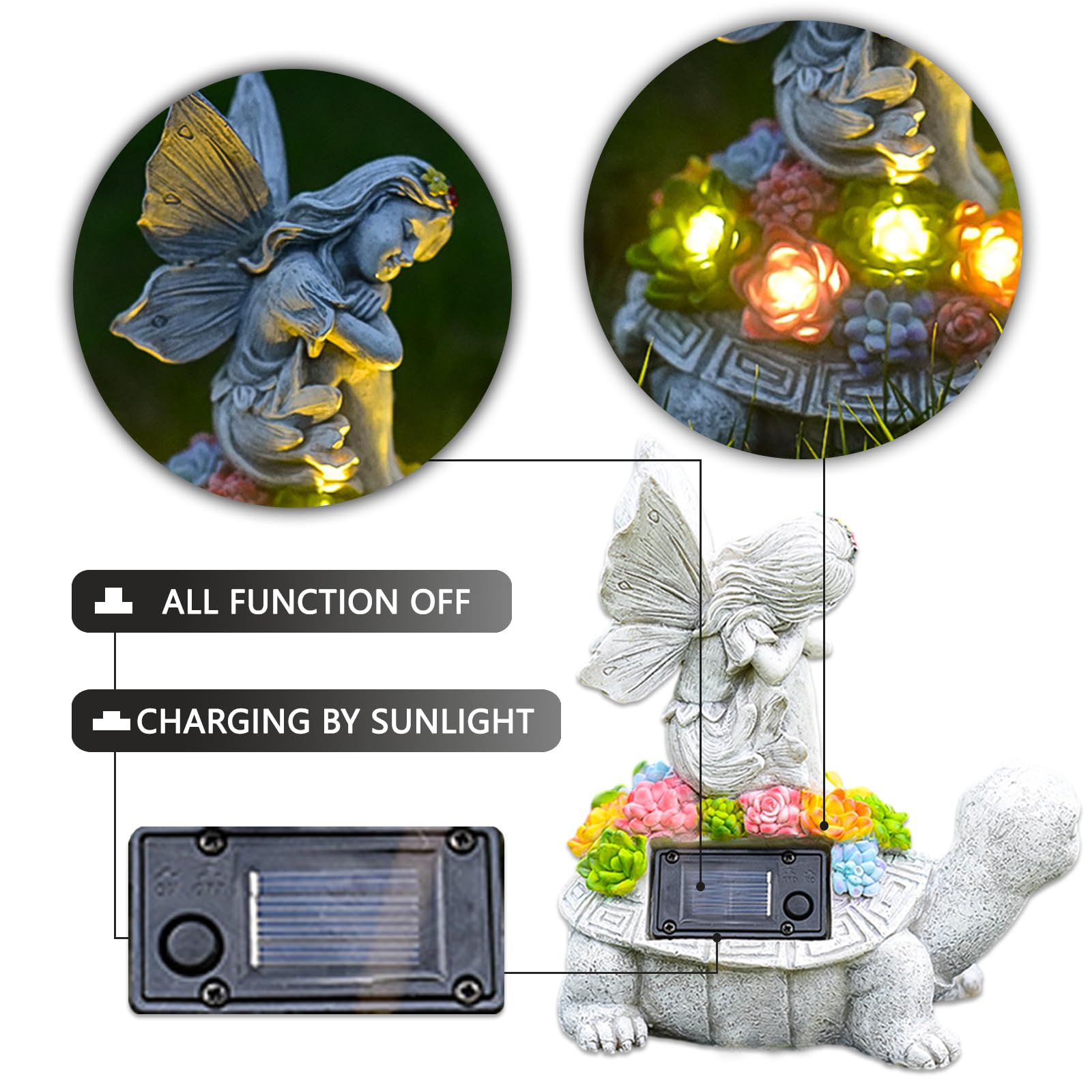 AVEKI Garden Statue Turtle & Flower Fairy Figurines Resin Decor with LED Lights, Solar, Waterproof, Succulent