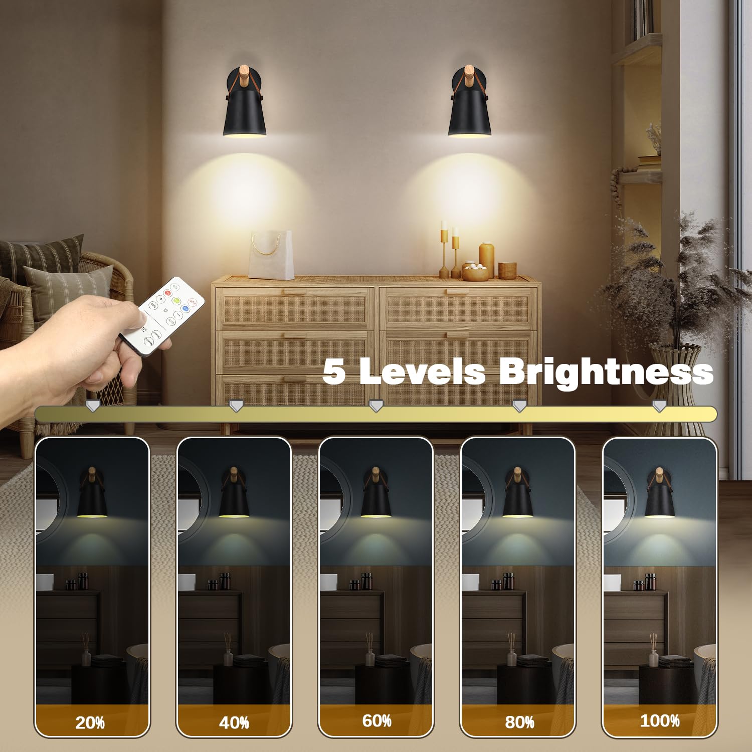 Troconce Battery Operated Wall Sconces Set Of Two  Dimmable Battery Powered Wall Sconces Lamp  Black Cordless Wall Sconce With Remote Control  Indoor Wireless Wall Mounted Lamp For Bedroom Living Room