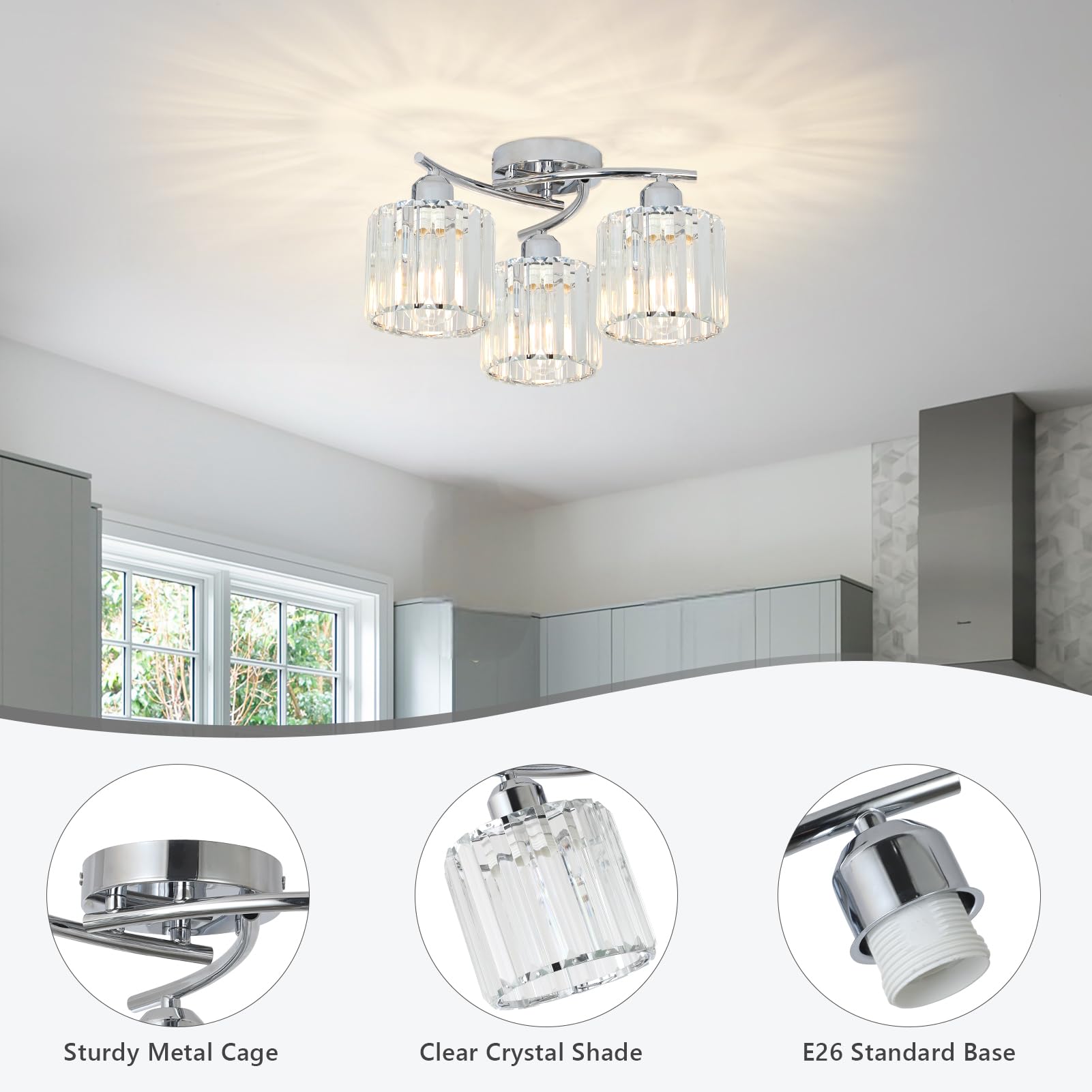 Crystal Close To Ceiling Light Fixtures 3-Light Chrome Modern Semi Flush Mount Ceiling Light Kitchen Light Fixture With Clear Crystal Shades Hallway Lighting Fixture For Entryway Bedroom Bathroom