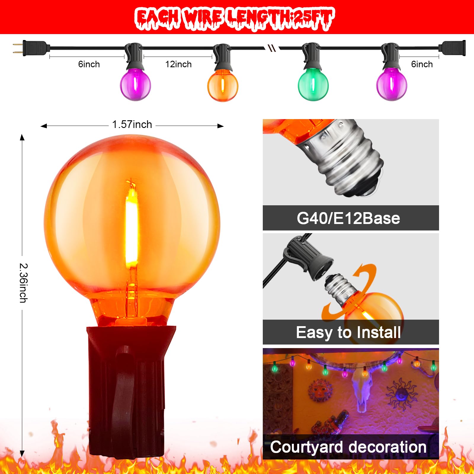 GOOTHY LED Outdoor String Lights 25Ft, 27 Shatterproof Globe Bulbs, Orange/Purple/Green Halloween Decorations