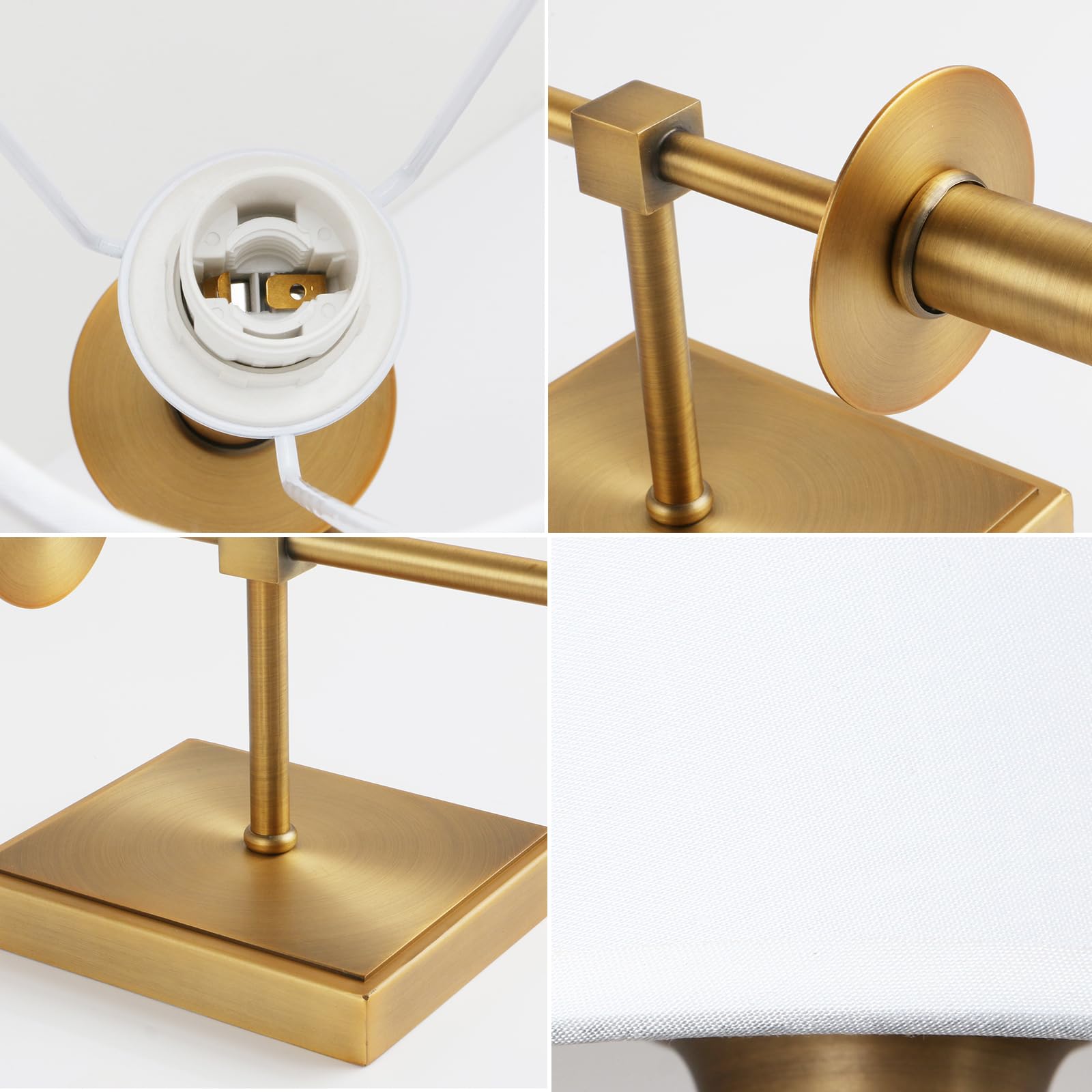 PERMO Set of 2 Classic Rustic Industrial Wall Sconce Lighting Fixture with Flared White Textile Lamp Shade and Antique Brass Tap