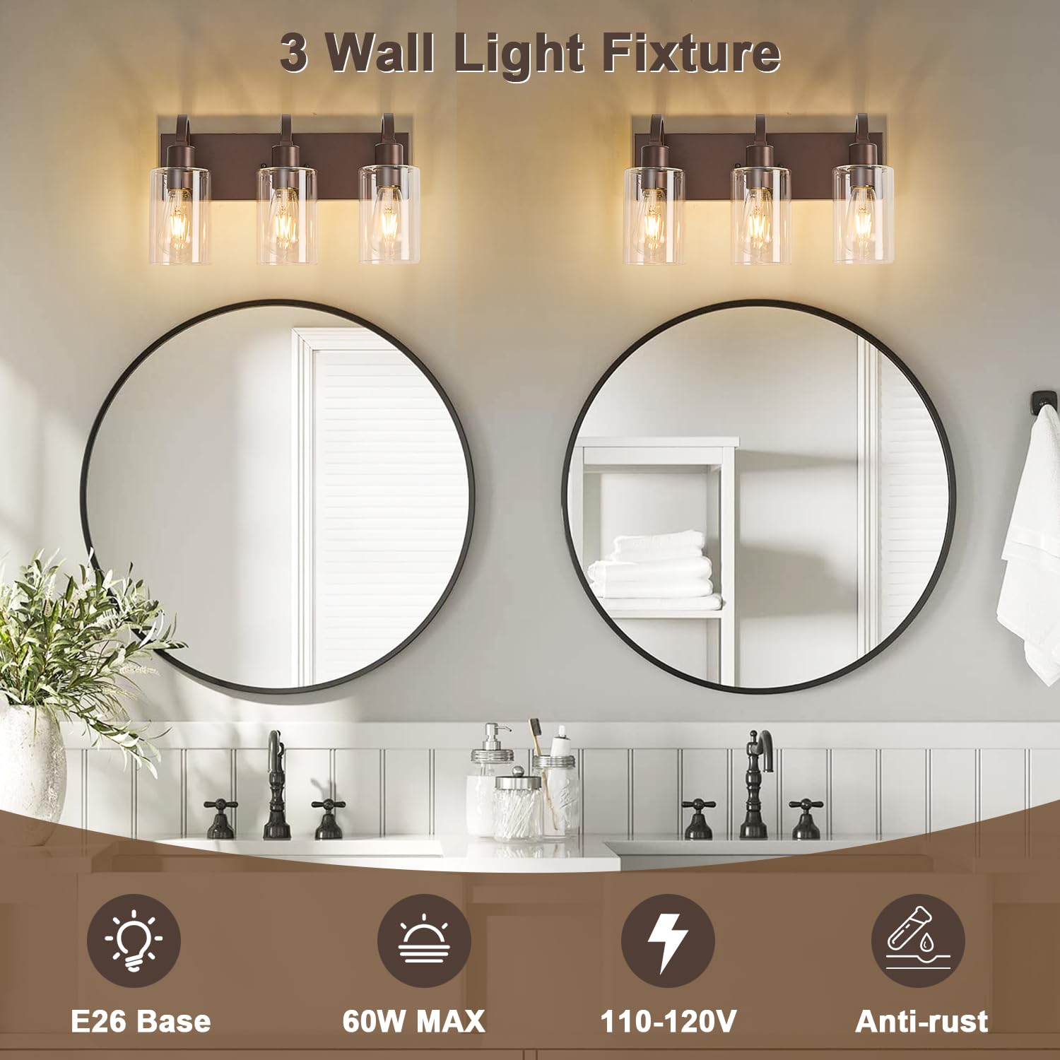Refice Farmhouse Bathroom Vanity Lights, 3-Light, Oil Rubbed Bronze, Metal, Model FCW001-3-ORB, Clear Glass Shade Wall Sconces