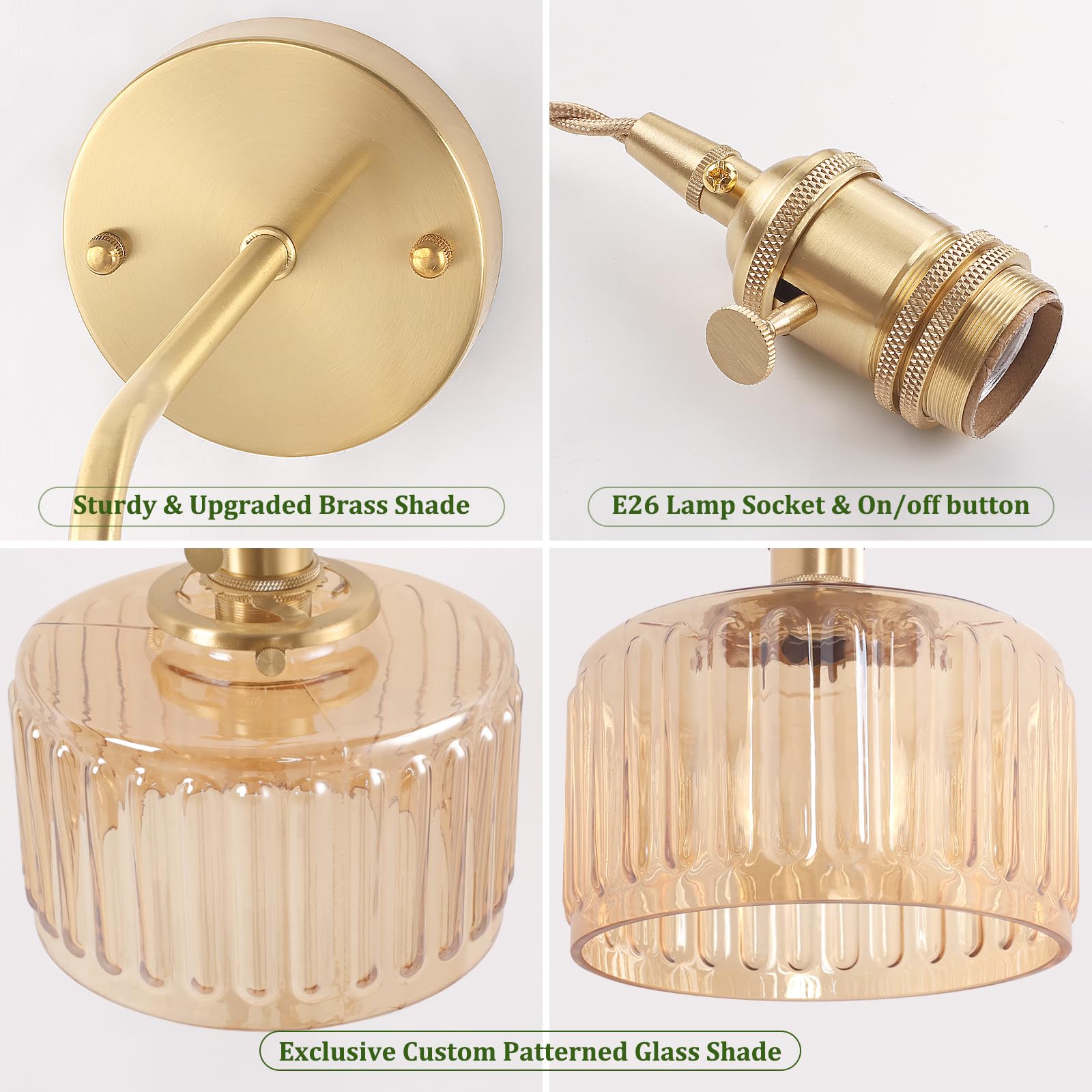 Shenmoyl Vintage Wall Sconce - Brass Adjustable Chain Lamp, Amber Striped Shade, Hardwired, Model 1-944, Retro Gold Decor for Bedroom