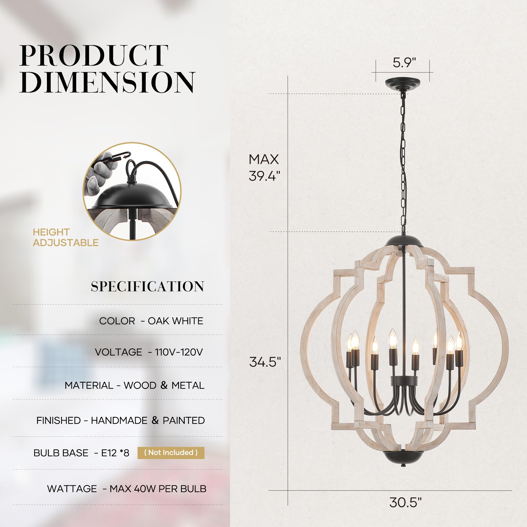 lighceac 8-Light Farmhouse Orb Chandelier, Distressed White Wood, 30.5" Pendant Light for Dining Room, Kitchen, Bedroom, Model LX-2120-8