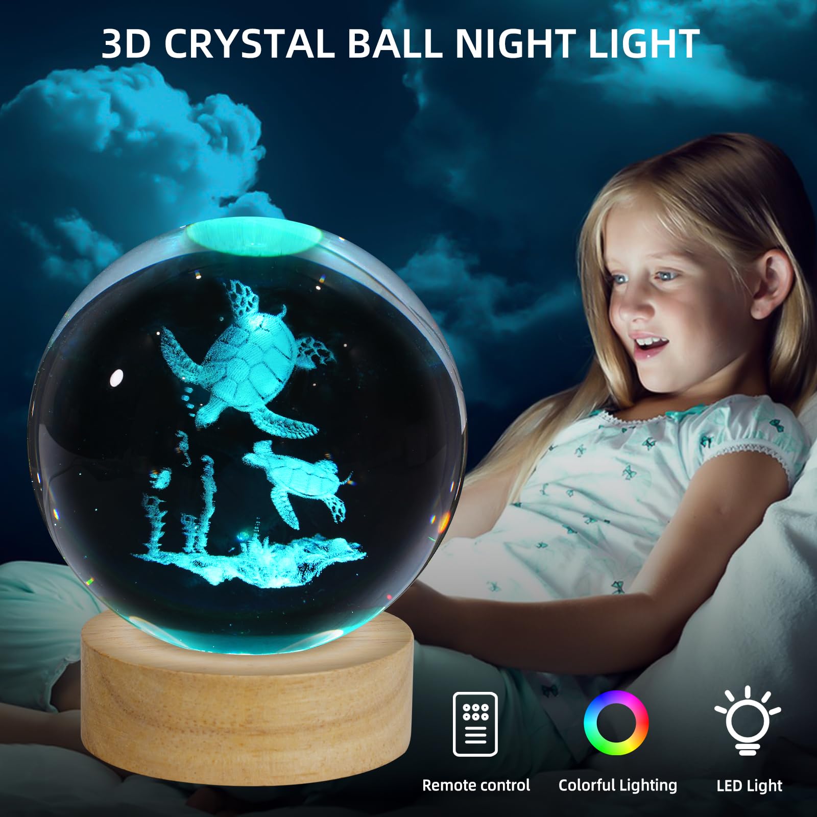 Zxblaq 3D Sea Turtles Crystal Ball Night Light, Upgraded 3.15 Inch Glass Ball Lamp With 16 Color Led Wooden Base, Sea Turtles De