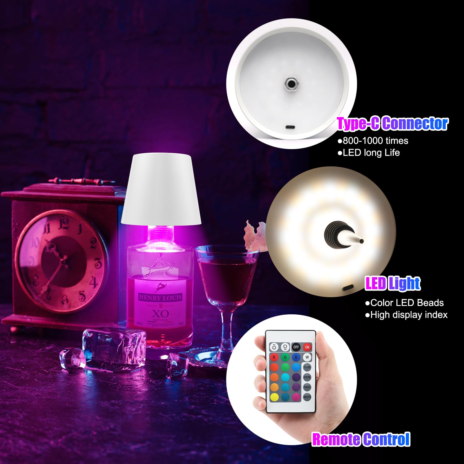 Wireless Bottle Lamp With Remote Control, Rechargeable Rgb Wine Bottle With 3Modes Light Dimming, Waterproof Touch Lamp Head For