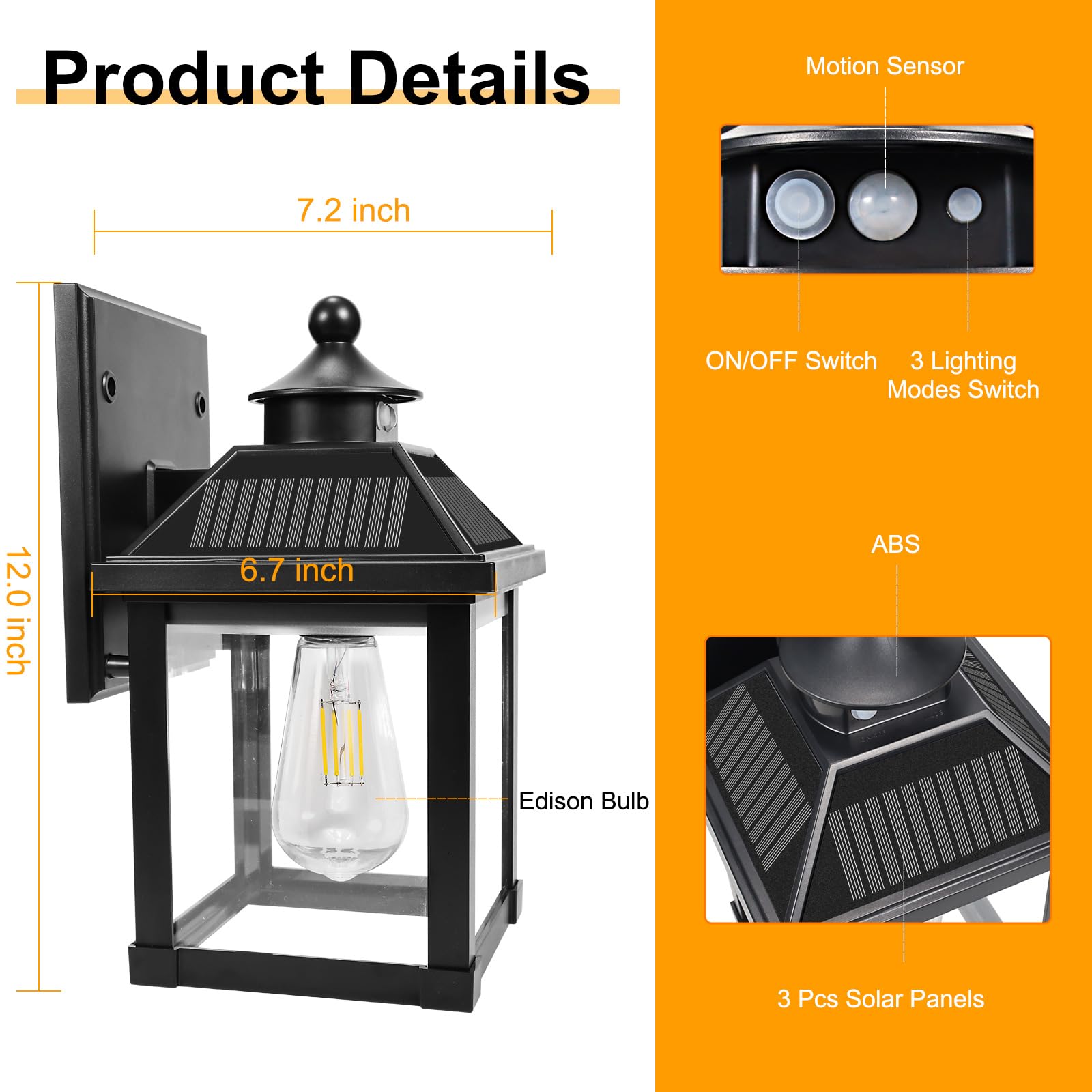 Kuniwa Solar Wall Lights Outdoor Motion Sensor, Waterproof, 3 Modes, Black, Model XHY2208