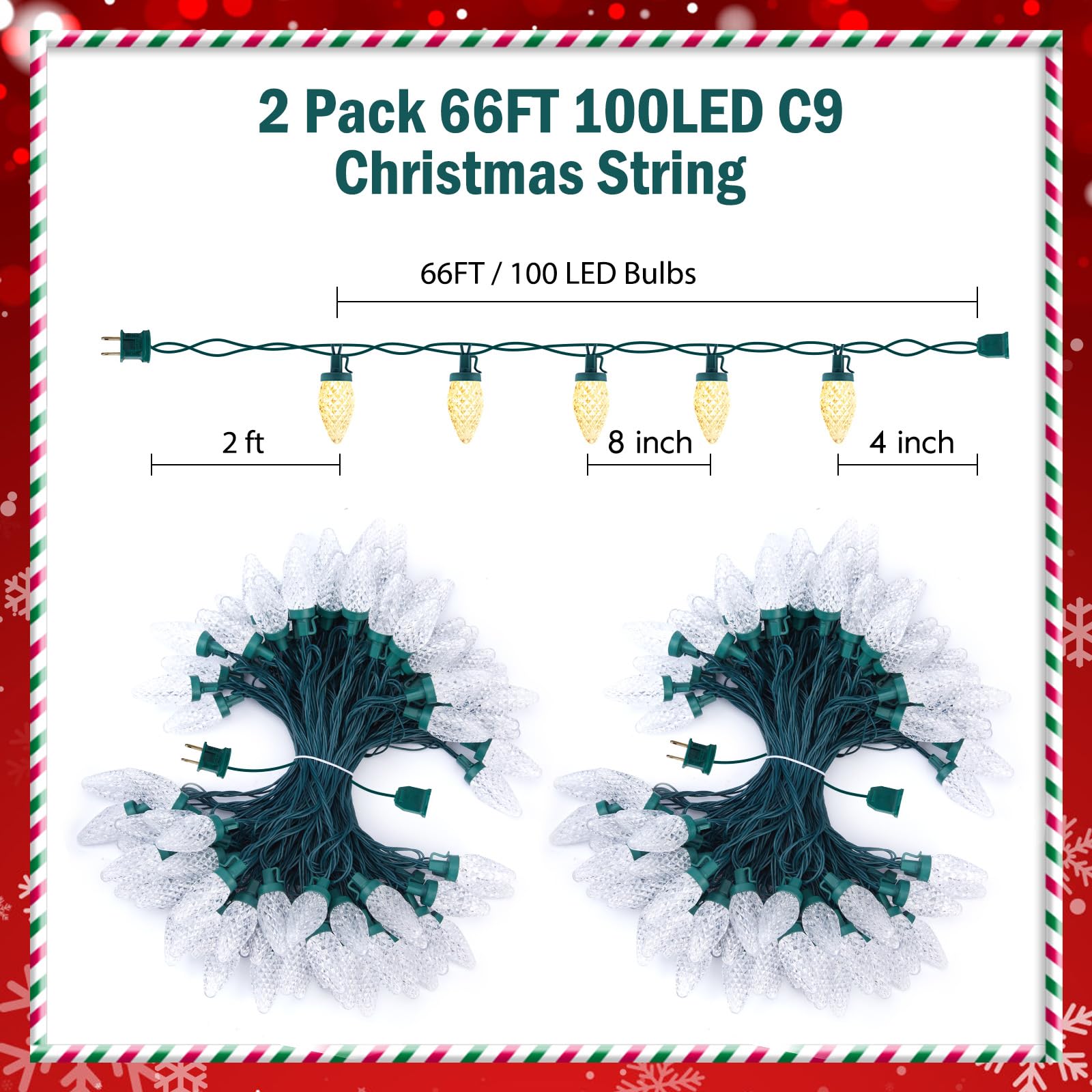 Brightown C9 LED Christmas Lights, 132ft Waterproof String, 200 Warm White LEDs for Holiday Yard Decor, Model 5-100/2F/C-033
