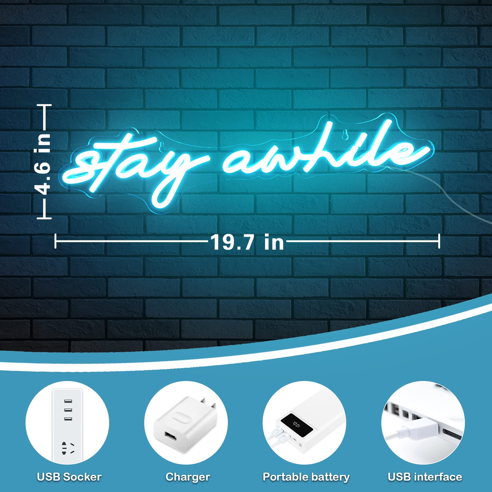 Imegina Dimmable Led Neon Sign - Stay Awhile Ice Blue Wall Decor For Bedroom, Pub, Party