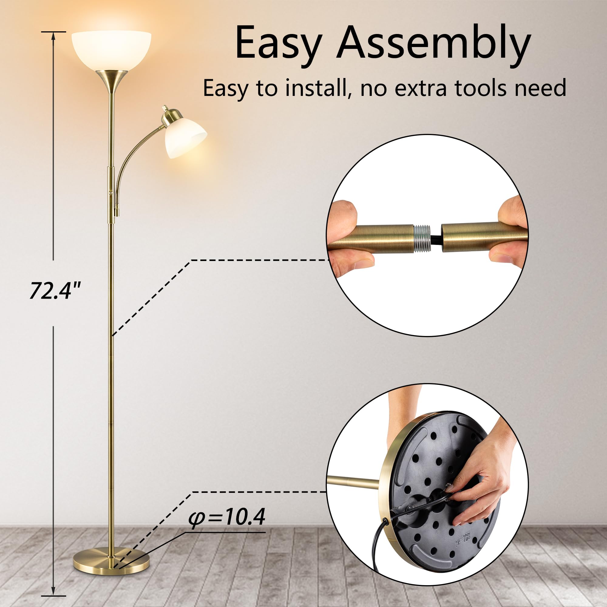 Floor Lamp, Dimmable Standing Lamp, 3 Levels Dimmable Brightness, Included 9W And 5W Led Bulbs, Industrial Floor Lamp For Living
