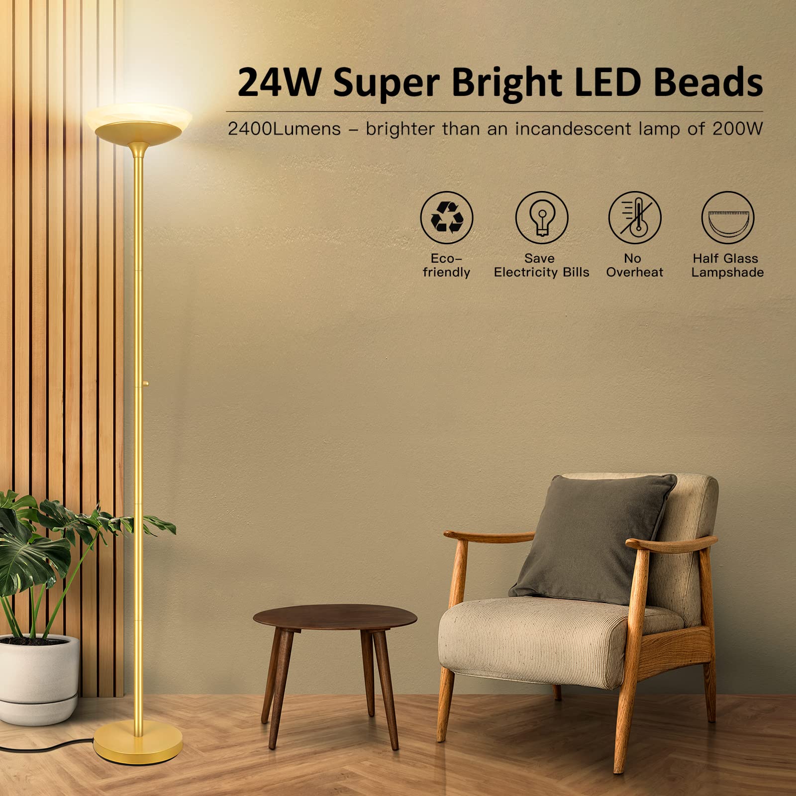 Boostarea Torchiere Floor Lamp, 24W Super Bright Led Standing Lamp, 3000K Stepless Dimmable Pole Lamp With Rotary Switch, 70 Inc