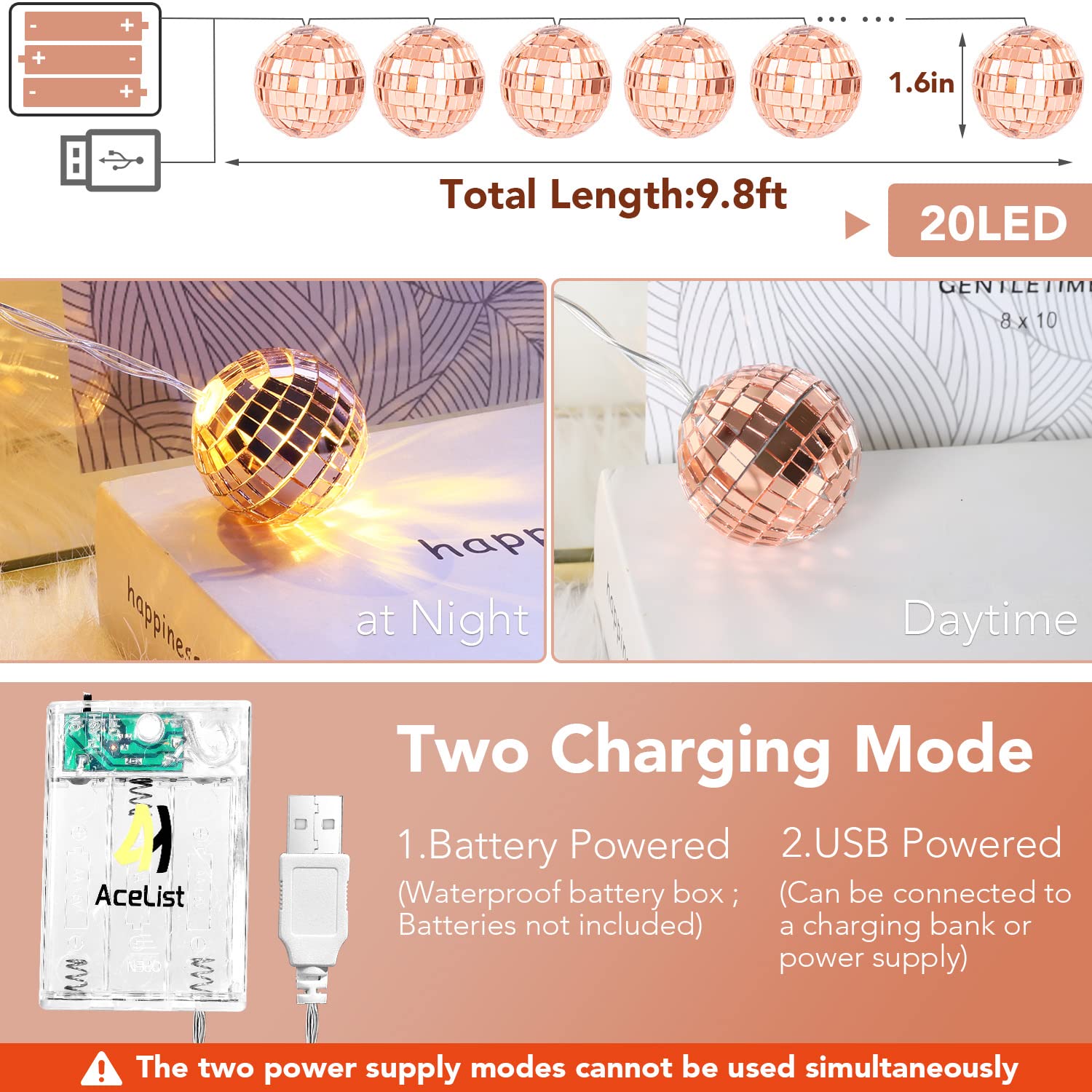 AceList 20 LED 9.8ft Disco Ball String Light - Battery Powered and USB Plug, Disco Ball Lights for 70's Disco Party Decorations