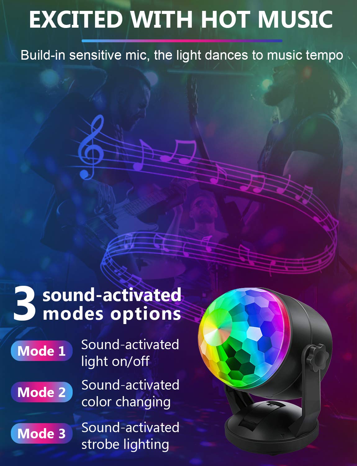 Luditek 4-Pack Disco Ball Light, Sound Activated Party Lights w/Remote Battery Powered USB Portable DJ Strobe Light, Party Suppl