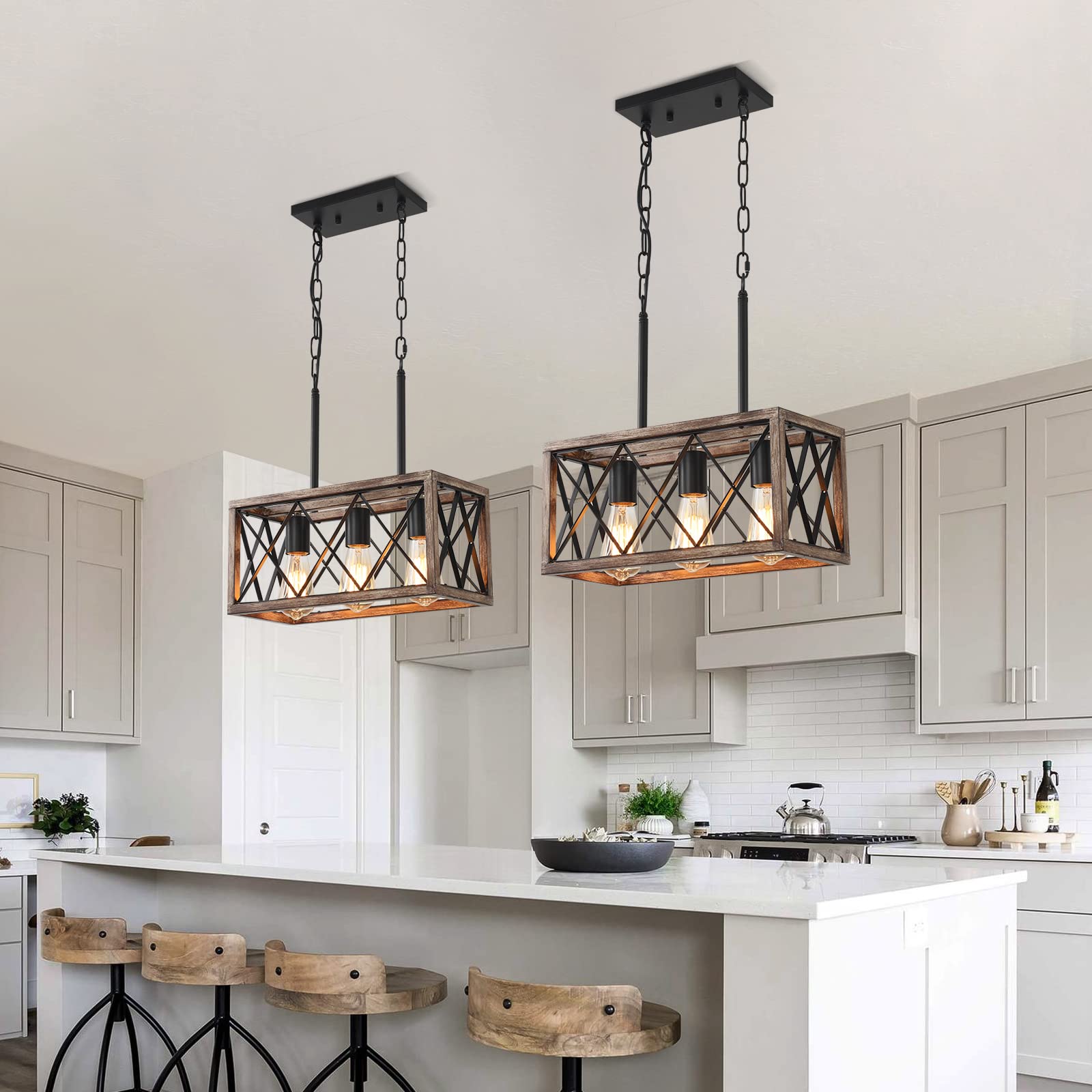 Keesfu Farmhouse Kitchen Island Lighting, 3 Lights Pendant Lighting Fixtures, Adjustable Height, Industrial Dining Room Light For Living Room Foyer Dining Table Over Sink. (Wood Grain Color)
