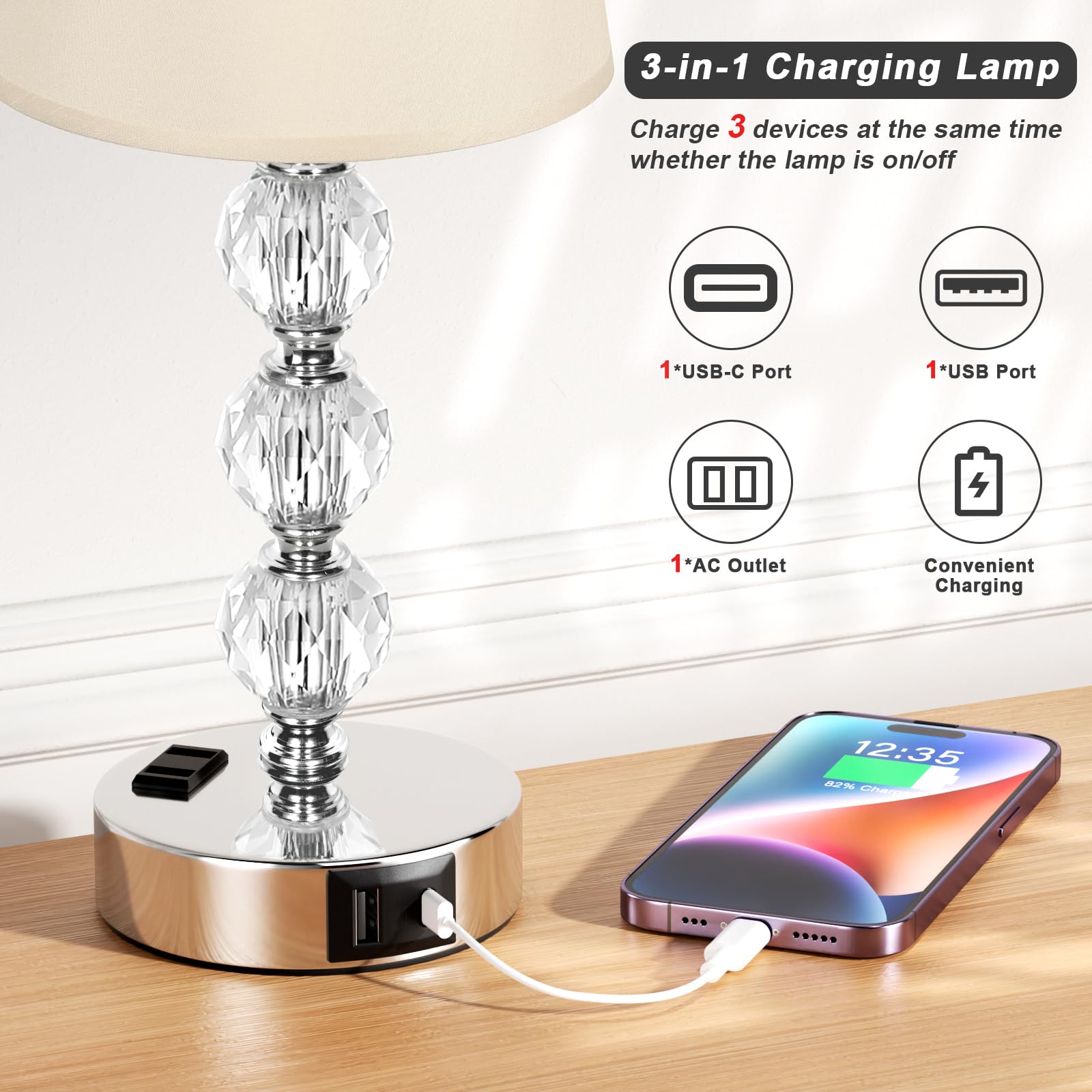 Acaxin Crystal Bedside Lamps Set of 2 with USB Ports & AC Outlet, 14.6in Beige, Touch Dimmable, Model Acaxin-crystal