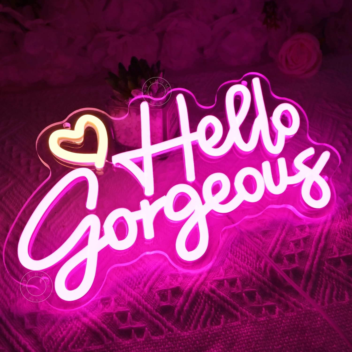 SYLHOME LED Neon Light Sign - Hello Gorgeous - Acrylic Decor - 11.8in X 6.8in - Warm White and Pink - Bedroom/Salon/Wedding Decoration
