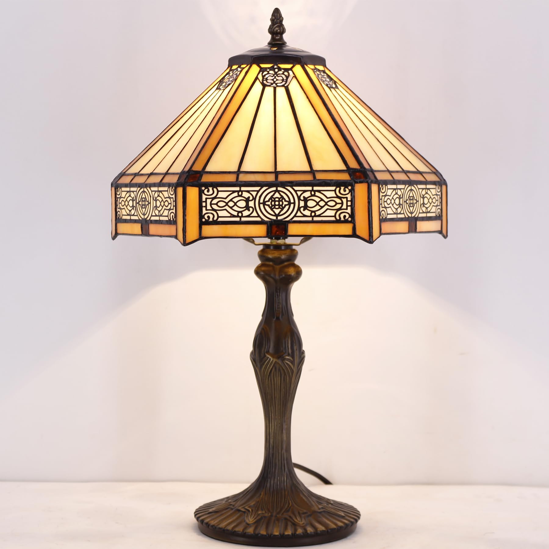 WERFACTORY Tiffany Table Lamp, Yellow Hexagon Stained Glass, 12X10X18 Inches, Mission Style, Ideal for Bedroom & Living Room Decor