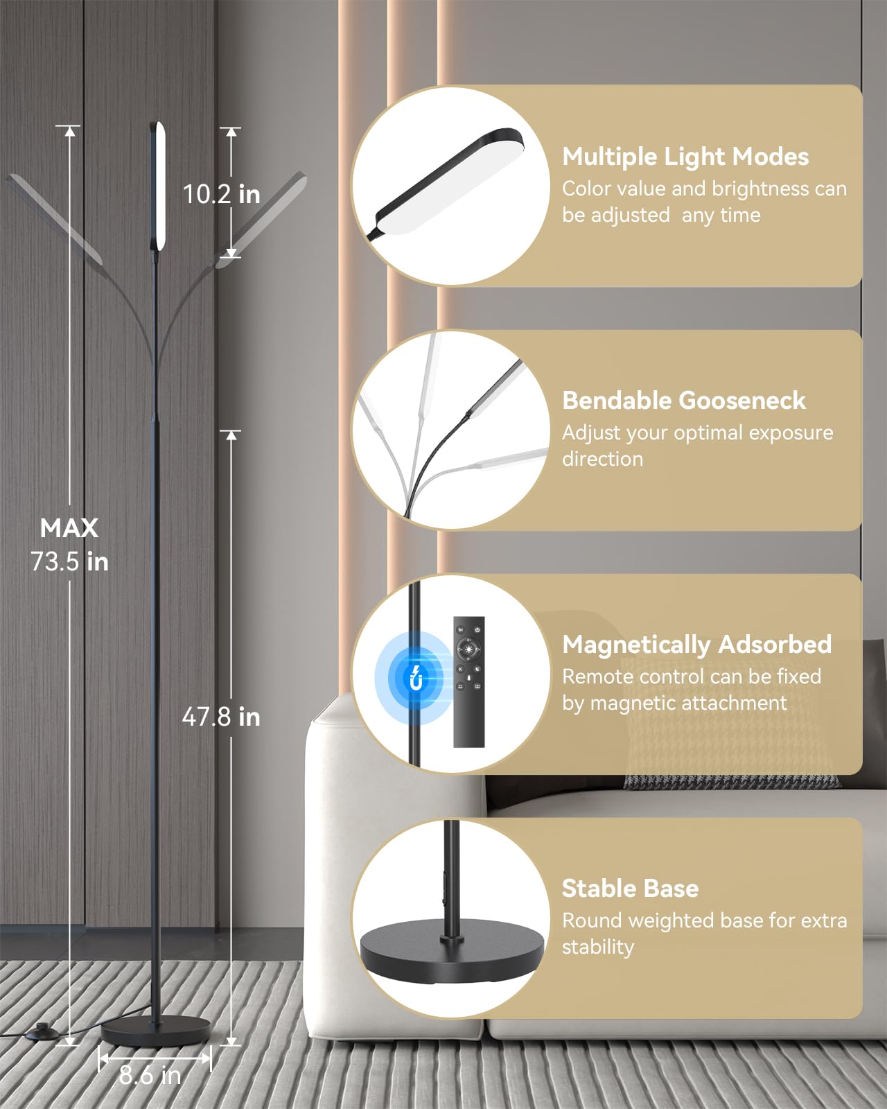 tigial LED Floor Lamp - 15W with Remote & Touch Control, Adjustable Brightness, Gooseneck Design, Black