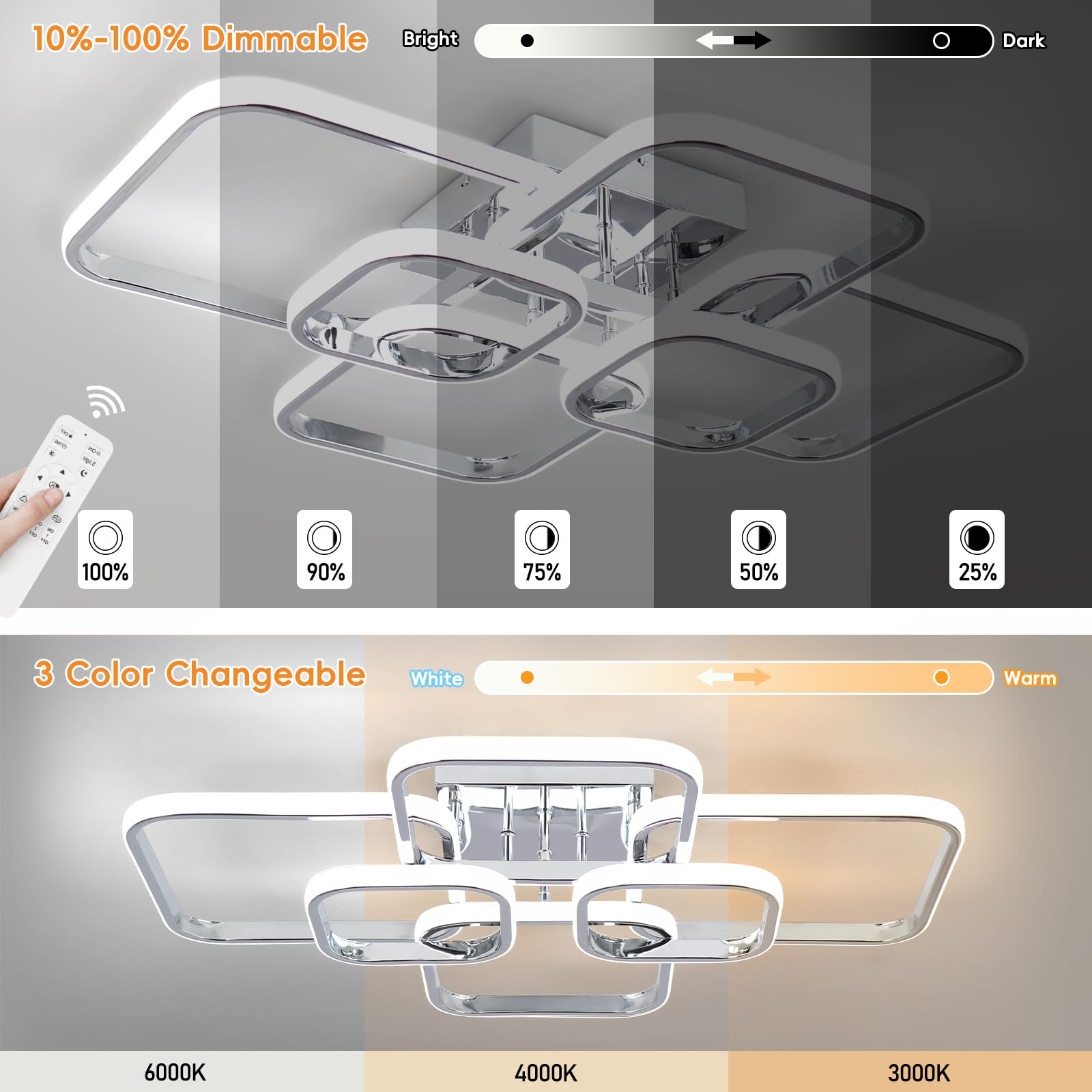 Sovinzert 31.5'' Modern Led Ceiling Light 6-Square Dimmable Ceiling Light Fixtures With Remote 3000K-6000K Chrome Close To Ceili