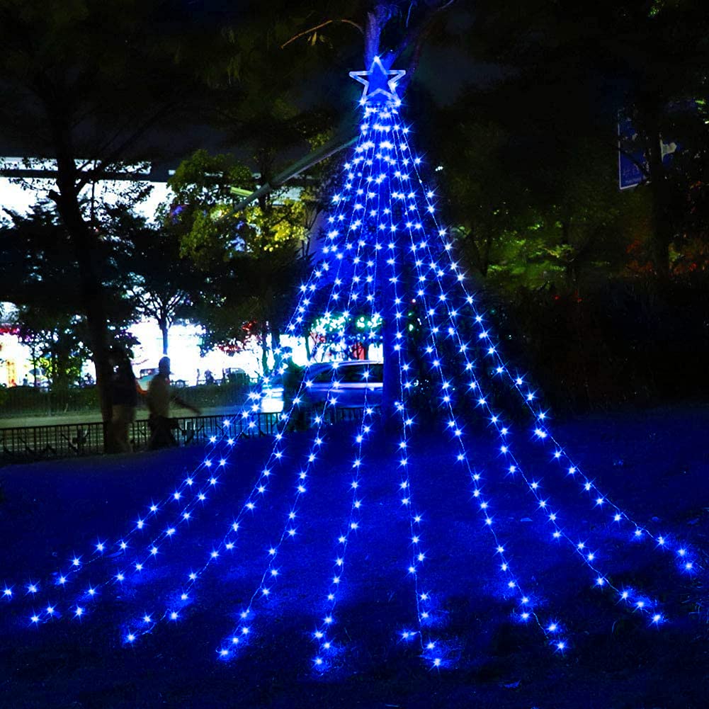 DINGFU Christmas Tree Lights, 11.5 ft, 317 LED, 8 Lighting Modes, Timer, Outdoor Decorations, Blue, Model YLC317BD01
