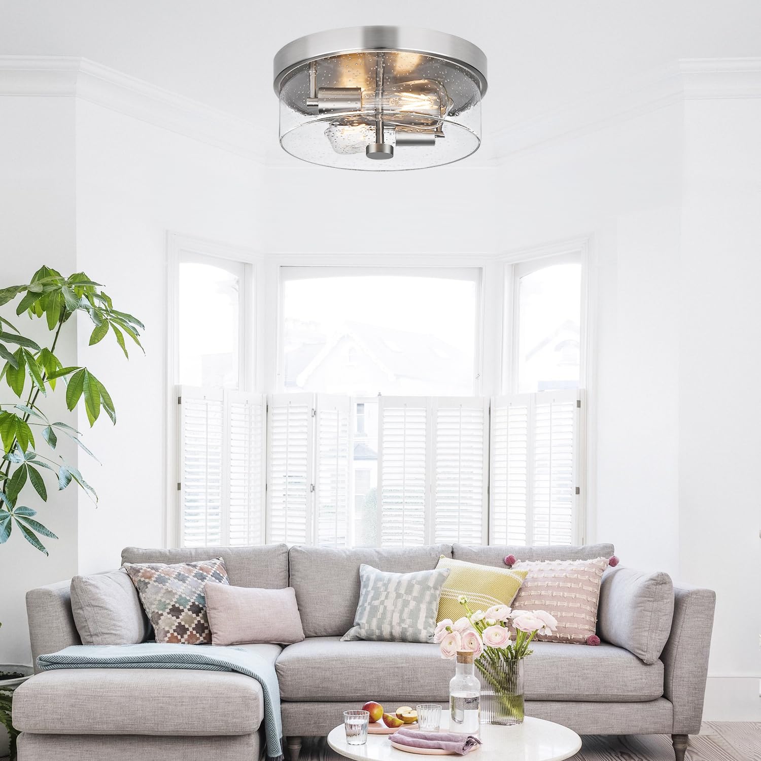 Flush Mount Ceiling Light Fixtures, 2-Light 12 Inch Brushed Nickel Close To Ceiling Light Fixtures With Seeded Glass Shade Ceili