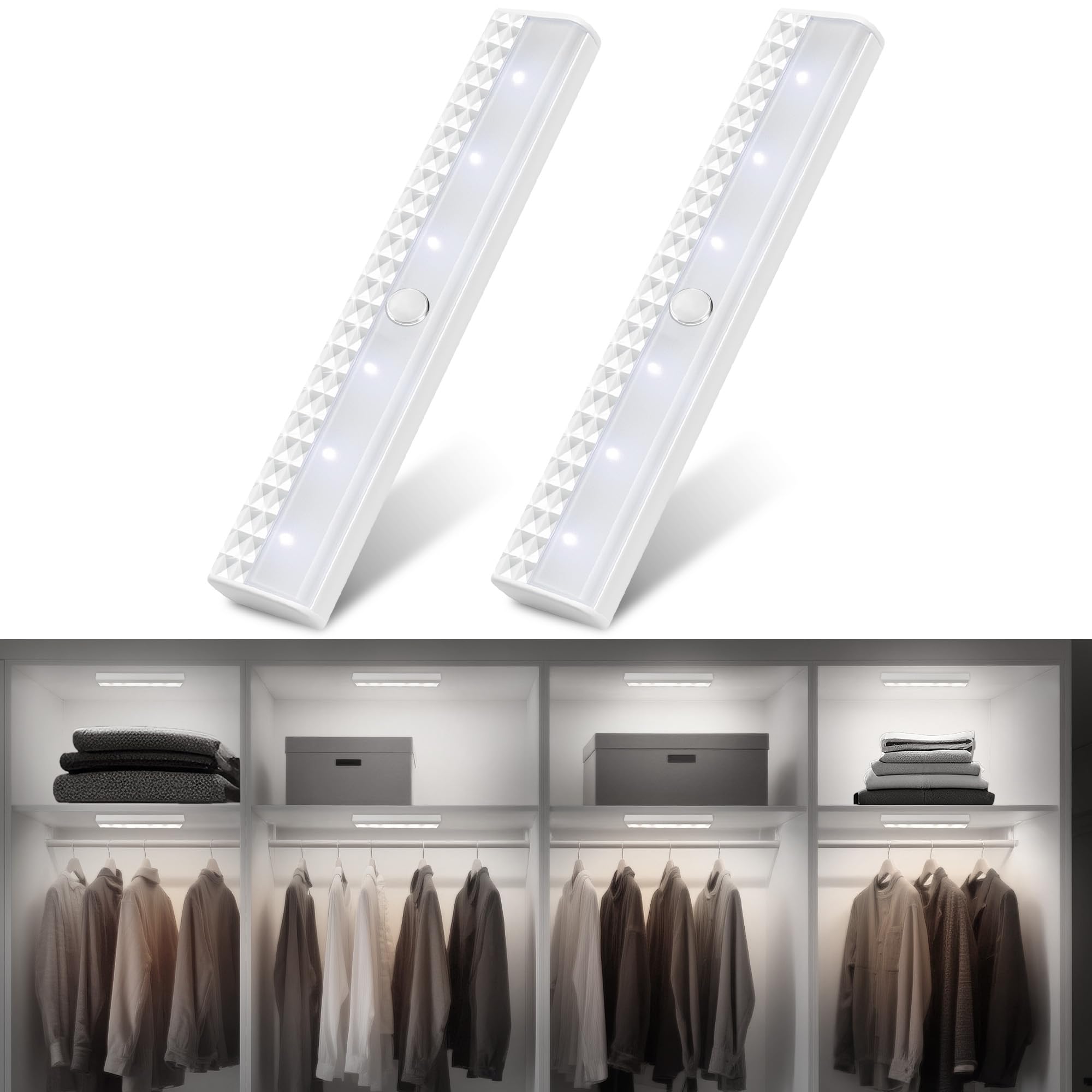 Maylit 2 Pack Closet Lights Motion Sensored  Battery Operated Light Indoor  Wireless Magnetic Night Led Bar  Stick On Lighting For Stair  Shelf  Hallway  Bed  Pantry  Under Cabinet  6000K Cool White