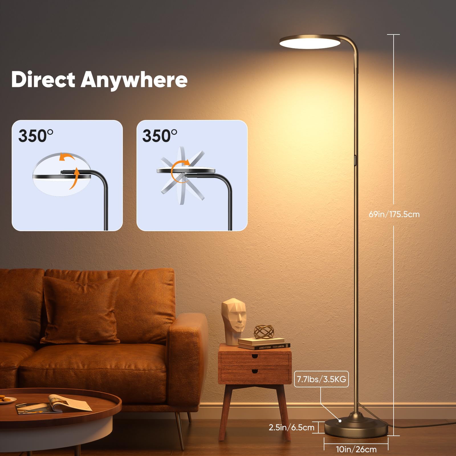 SIBRILLE 36W LED Floor Lamp, Modern Stepless Dimmable Torchiere with Remote, 350° Rotating Head, Black, Model MF30012R