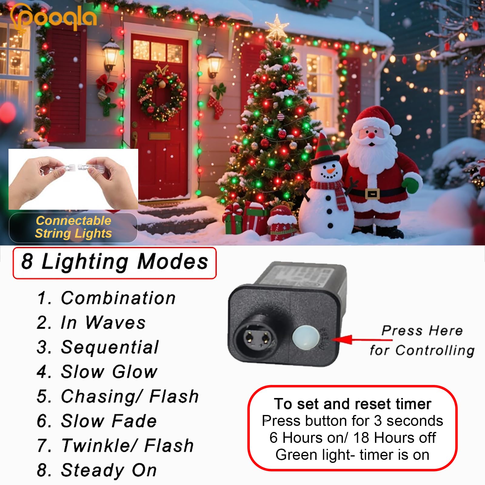 Pooqla Christmas String Lights, 200 LED Twinkle Fairy Lights, 66 ft, Clear Wire, Red and Green, 8 Modes for Indoor Outdoor Use
