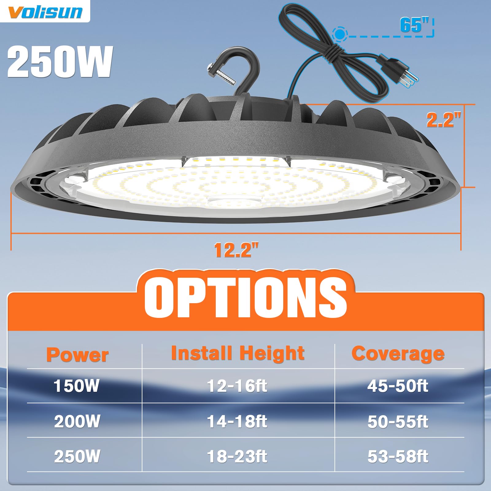 Volisun 6 Pack Ufo Led High Bay Light 37 500Lm  250W  5000K Daylight  100-277V High Bay Led Shop Lights  Etl Listed Commercial Bay Lighting For Garage Workshop Barn Factory Warehouse