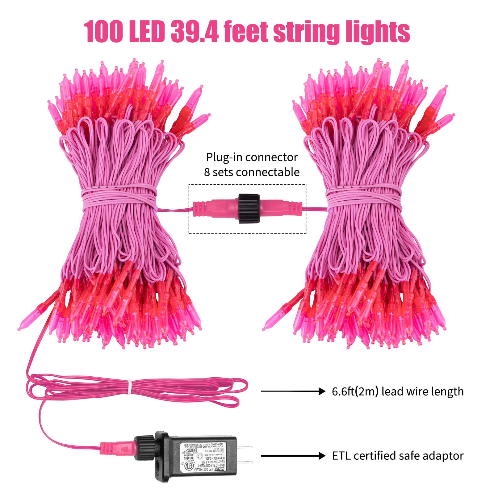 Pink Mini Christmas Lights - 39 Feet 100 LED Fairy String Lights with 8 Lighting Modes Waterproof Connectable for Indoor Outdoor