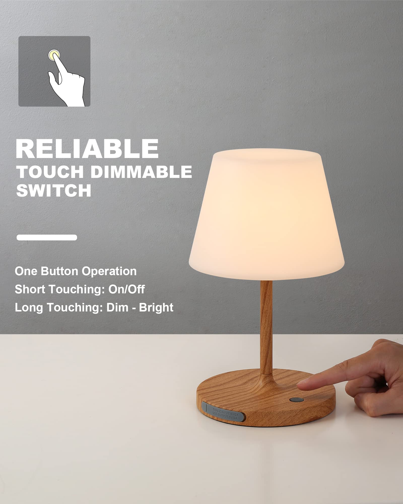 WEILAILUX Outdoor Waterproof Table Lamp, Cordless 4000mAh, Touch Dimmable, 9.6in Wood Grain, Model WL-3666