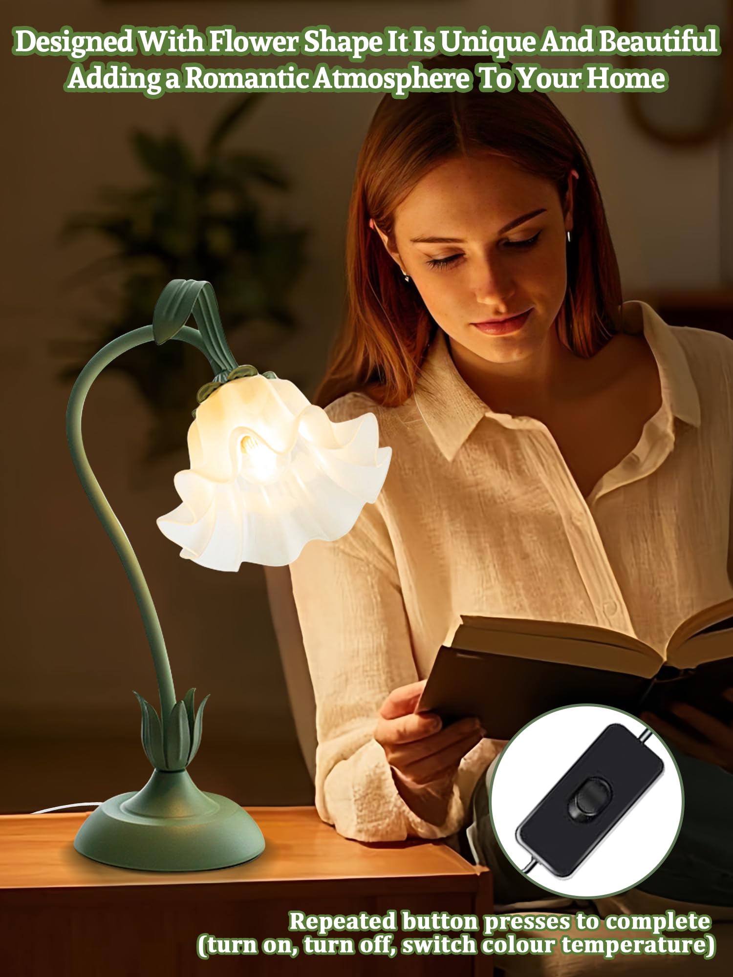 WULCFCH Flower Table Lamp LED Reading Light, Vintage Design, Acrylic, Green, Model huadeng-1, Cute Small Nightstand Lamp for Home Decor