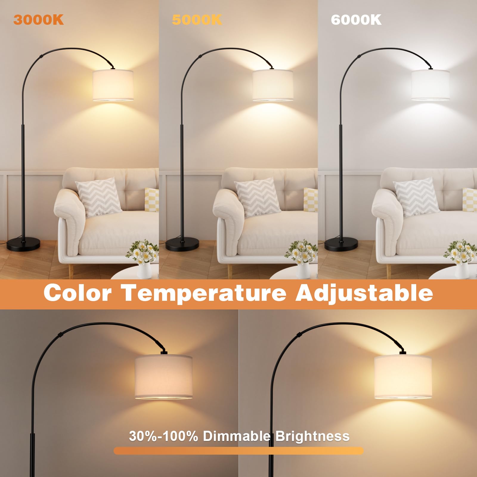 Ambimall 70'' Dimmable Arc Floor Lamp With Remote, Color Temperatures And Brightness Adjustable, Arched Floor Lamp With Rotating