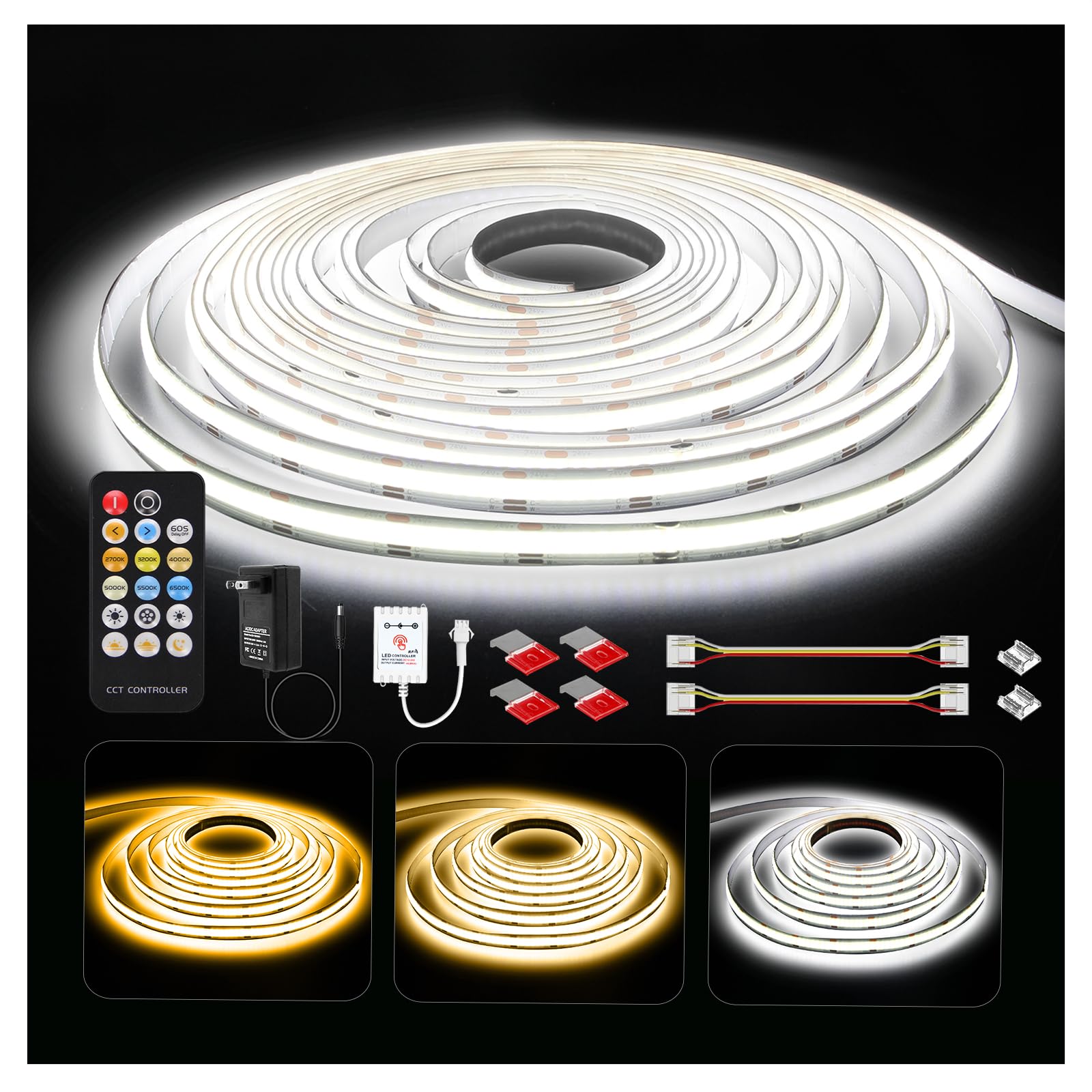 DAYBETTER COB LED Strip Lights, Tunable White(2700K-6500K) COB LED Lights with 6080 LEDs, 24V Adapter, RF Remote, Dimmable High 