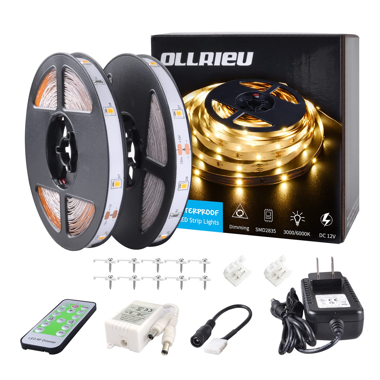 ollrieu LED Strip Lights 50ft Dimmable 3000K Warm White 900 LEDs Flexible Lighting for Bedroom, Kitchen, Home Decor