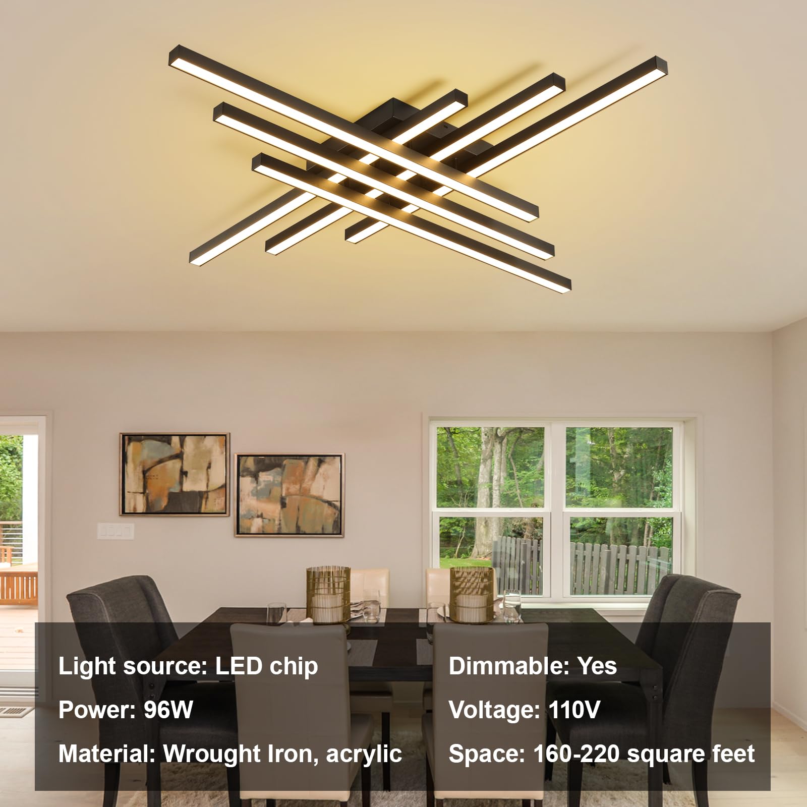 JAYMP 43.3" Black Sputnik Ceiling Light, 6 Lights, Dimmable LED, Iron, Model GB6655 - Modern Fixture for Dining Room, Living Room, Kitchen Island